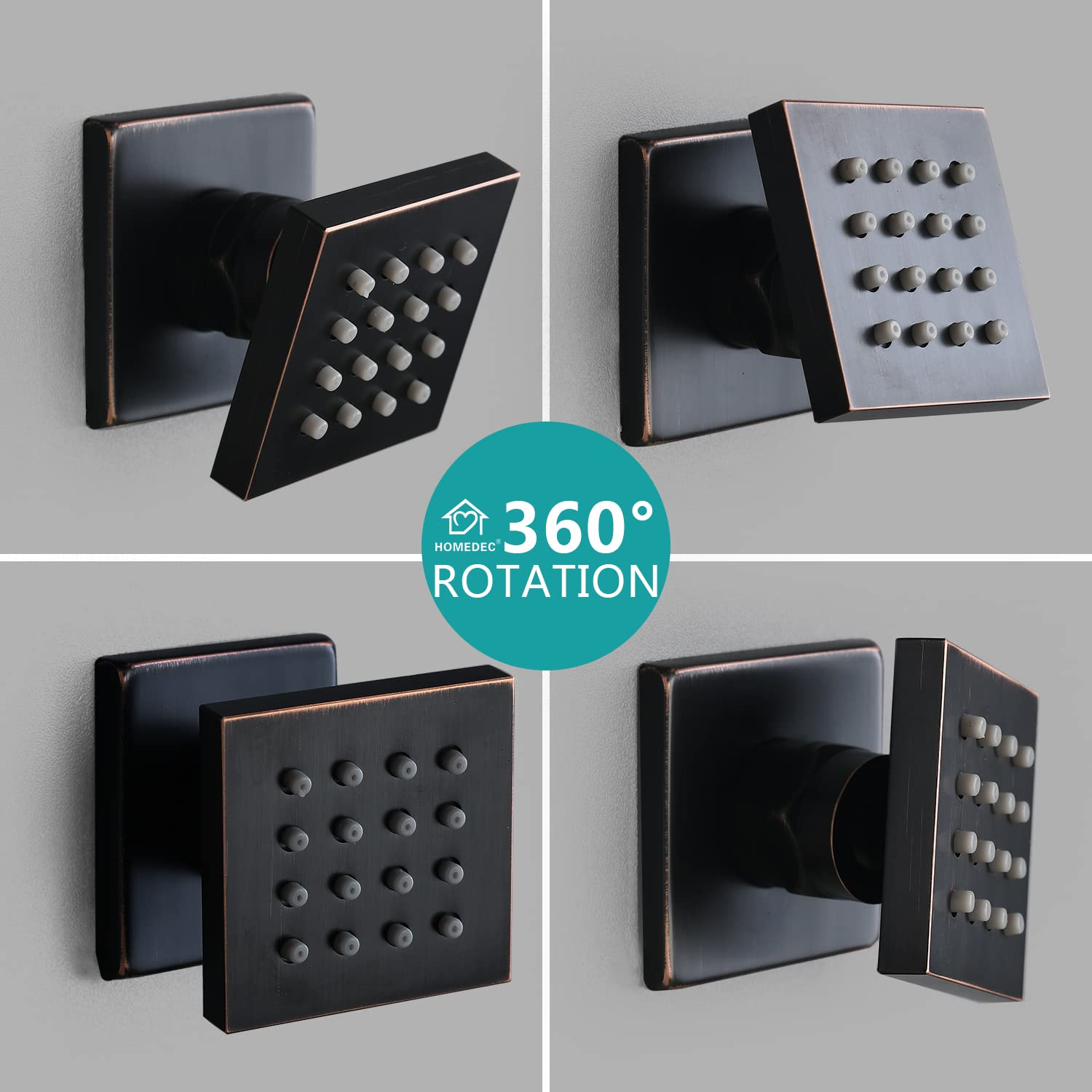 Premium 2 Inch Brass Square Massage Shower Body Spray Jets - Oil Rubbed Bronze Finish - Set of 6 - Luxury Bathroom Upgrade for Spa-Like Experience