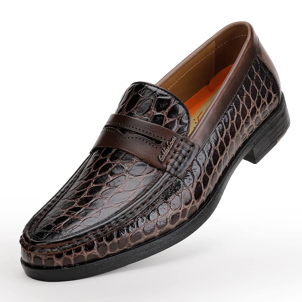 Premium Men's Leather Penny Loafers - Formal Dress Shoes with Crocodile Print | Soft Slip-On Comfort | Ideal for Business, Office & Wedding Occasions