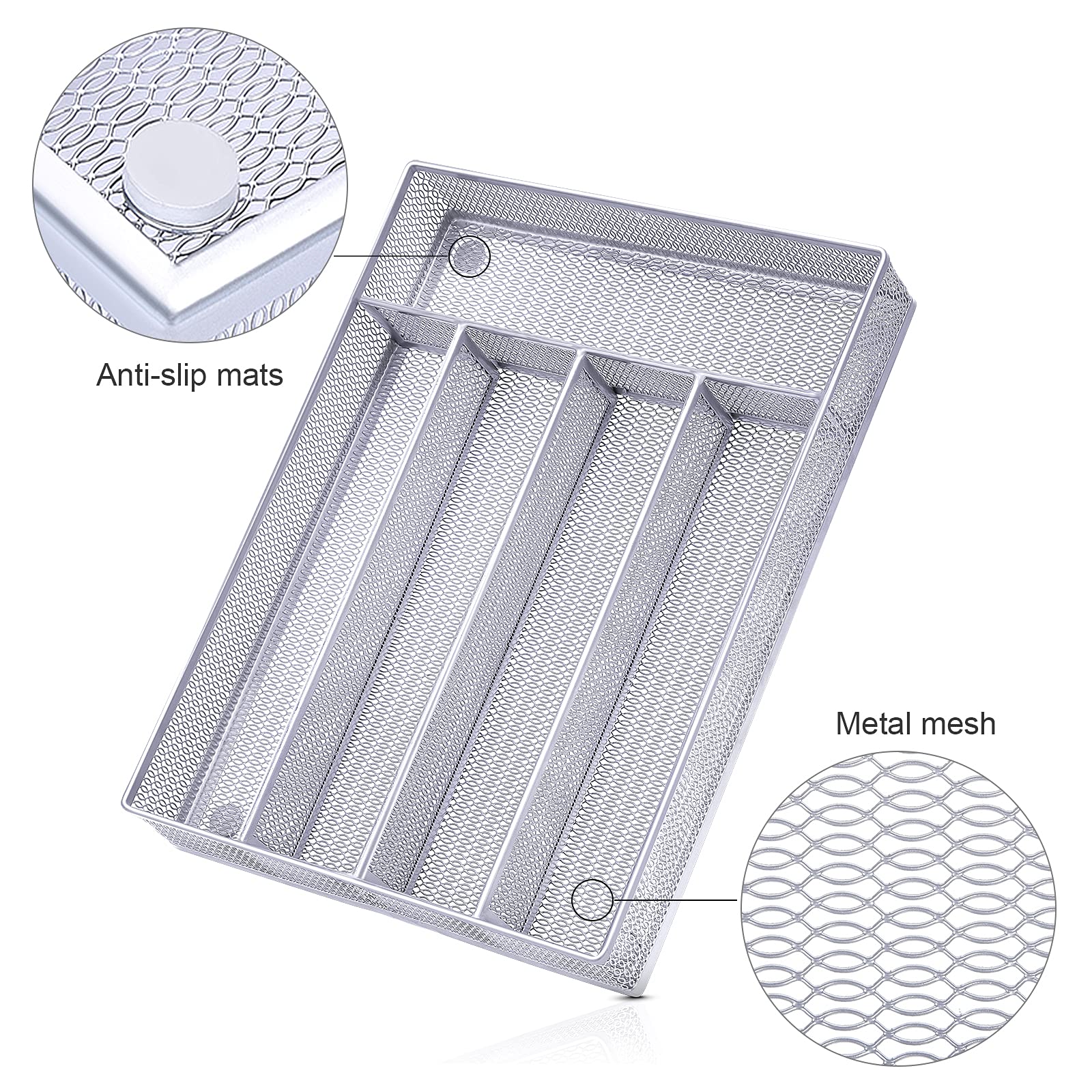 WuGeShop 5-Compartment Metal Mesh Desk Drawer Organizer Tray with Non-Slip Mats - Office, Bathroom & Kitchen Storage Solution - Silver | Perfect for Organizing Stationery, Makeup & Utensils
