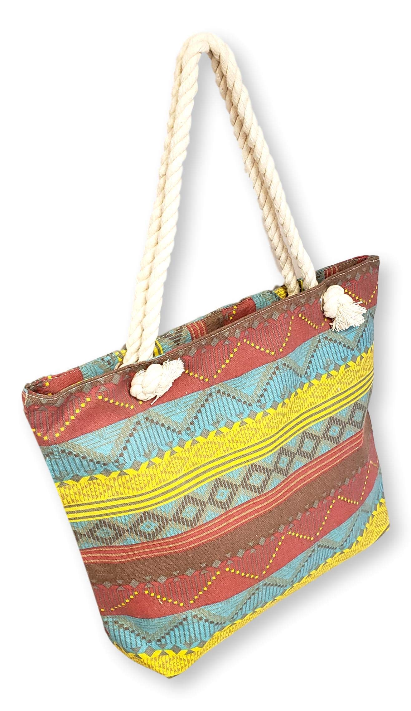 101 BEACH Medium Sized Summer Print Canvas Beach Tote Bag - Burgundy Teal Boho Stripe Design - Perfect for Beach Vacations, Pool Parties and Summer Outings