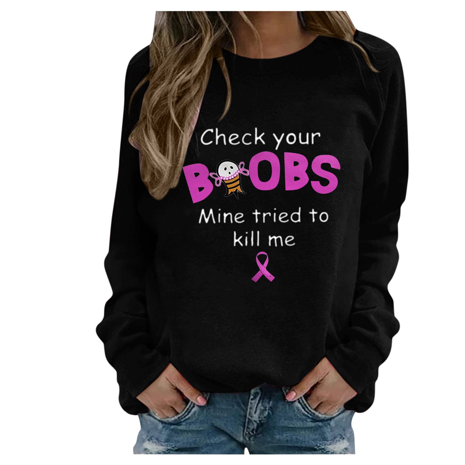 **FUleyMvid Women's Long Sleeve Crewneck Sweatshirt - Breast Cancer Awareness Shirt, Oversized Workout Tee, Fashion Loose Graphic Tops (Black #02) - Perfect for Casual Wear, Gym, and Support Events**