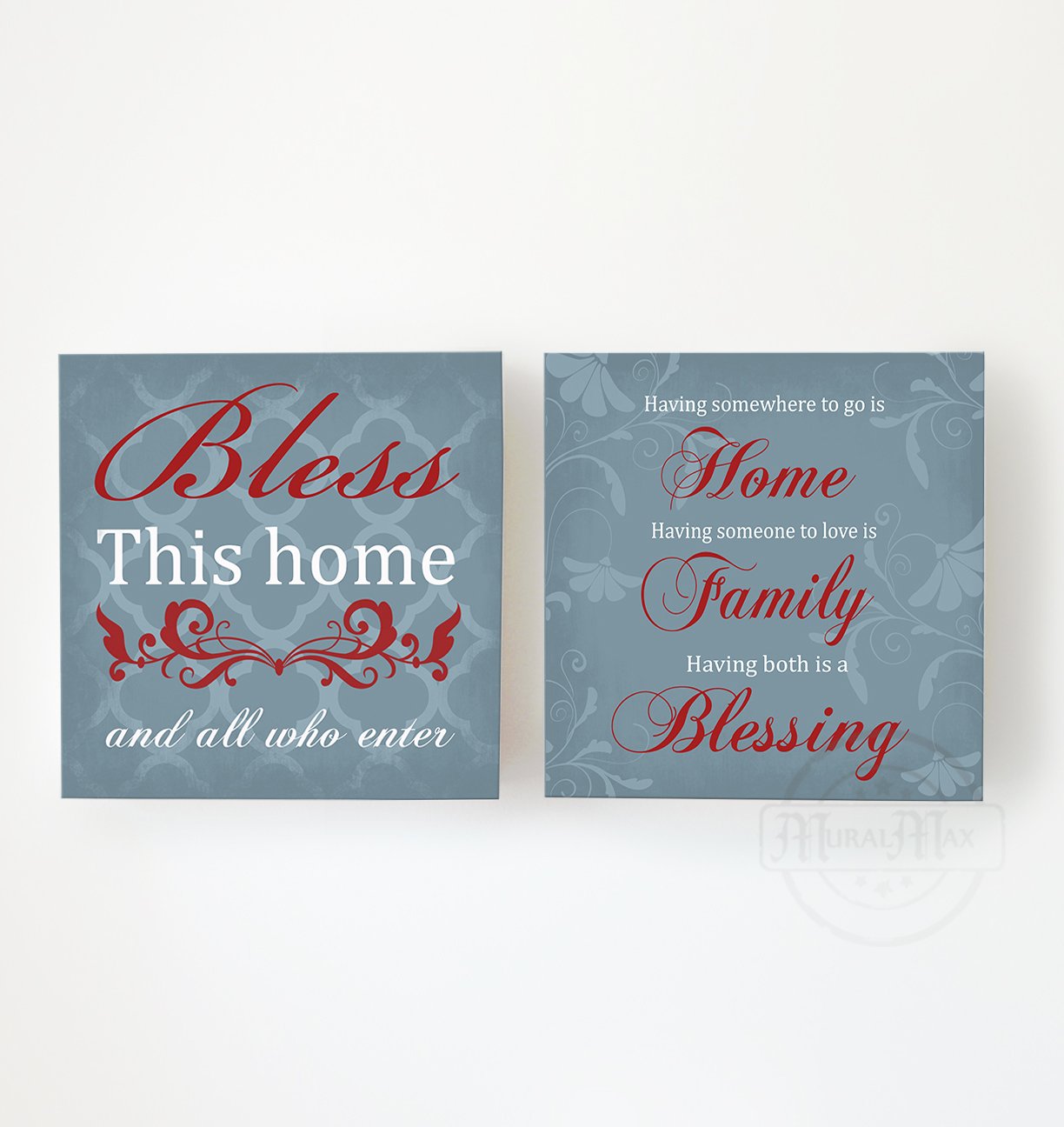 Christian Wall Art - Set of 2 Blue Bible Verse Canvas Prints (10x10 Inch) - Inspirational Home Decor for Living Room, Bedroom & Office - Family Blessing Scripture Artwork
