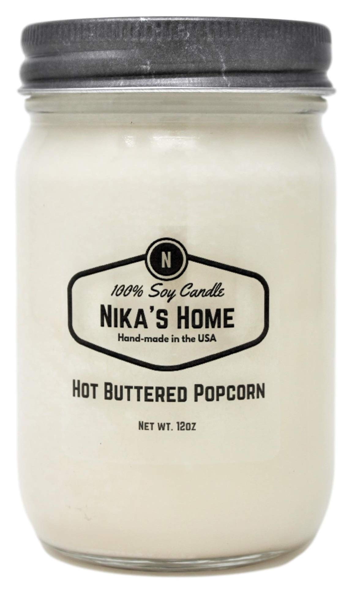 Nika's Home Hot Buttered Popcorn Scented Soy Candle - 12oz Mason Jar, Non-Toxic, Handmade, Long-Lasting 50-60 Hours - All Natural Clean Burning Candle for Home Decor, Gift Giving & Cozy Movie Nights