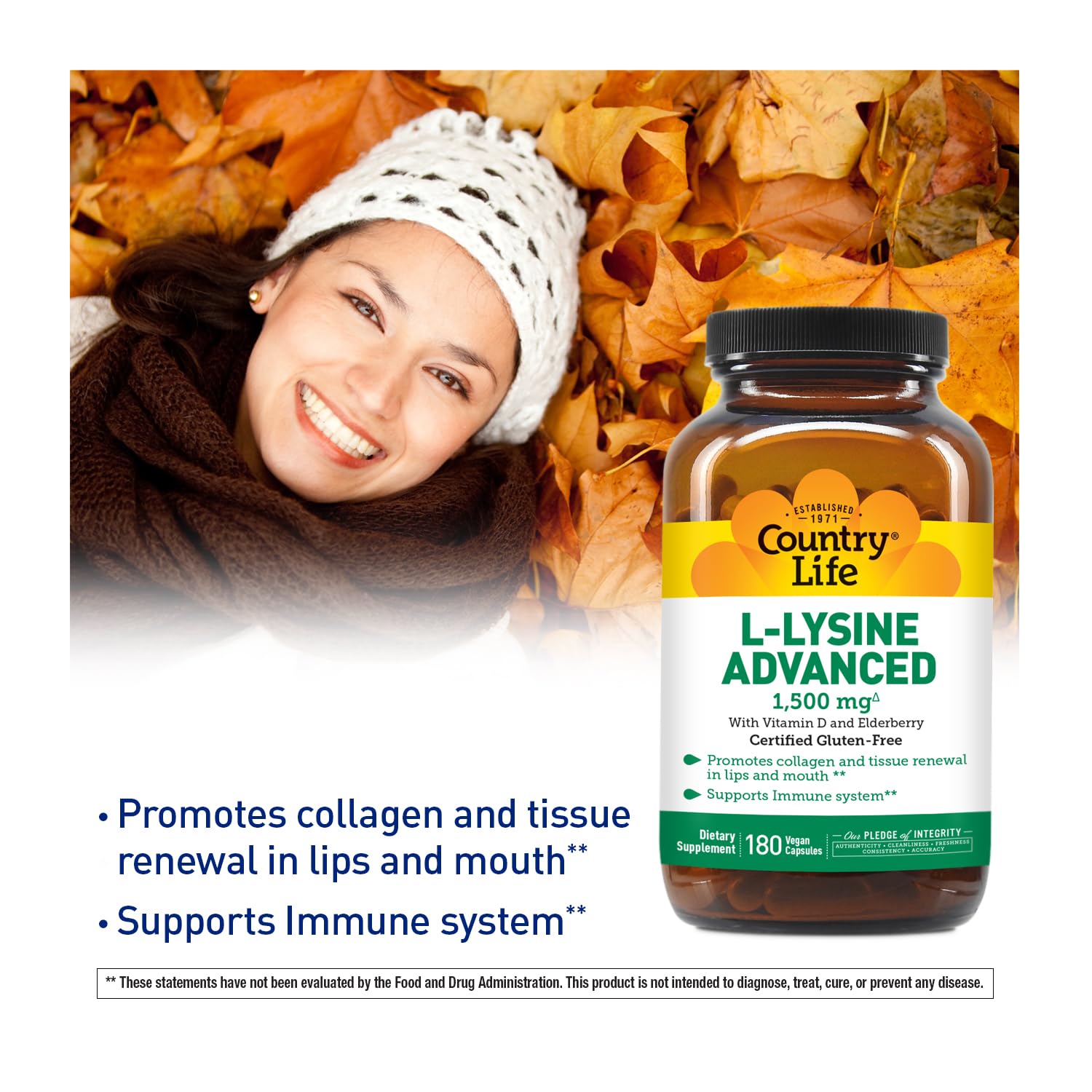 Country Life L-Lysine 1500mg with Vitamin D & Elderberry - Immune Support & Collagen Renewal Supplement - Gluten-Free Vegan Capsules (180 Count) - For Cold Season Wellness & Skin Health