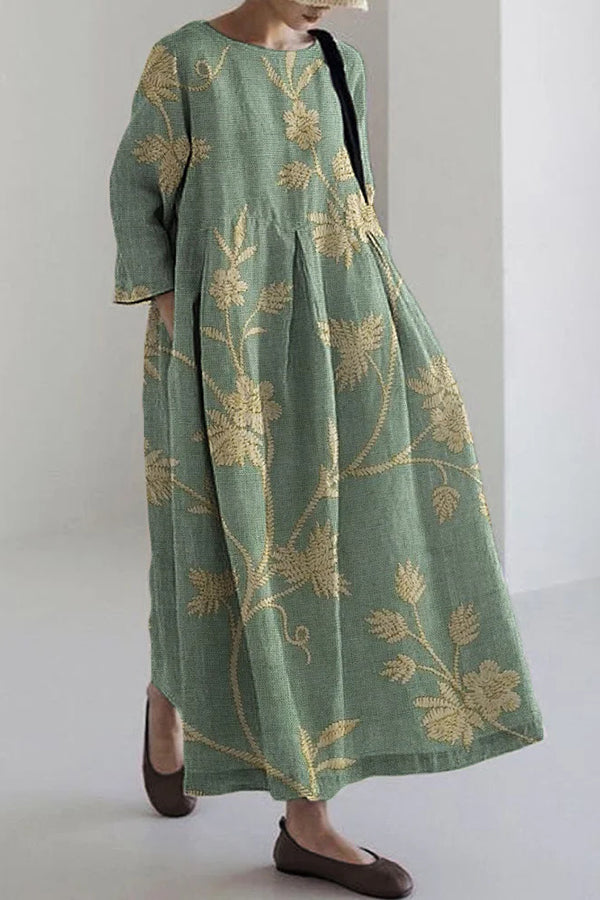 Stylish Printed Round Neck Long Sleeve Loose Maxi Dress for Women - Casual Boho Chic Flowy Dress for Beach, Party & Everyday Wear