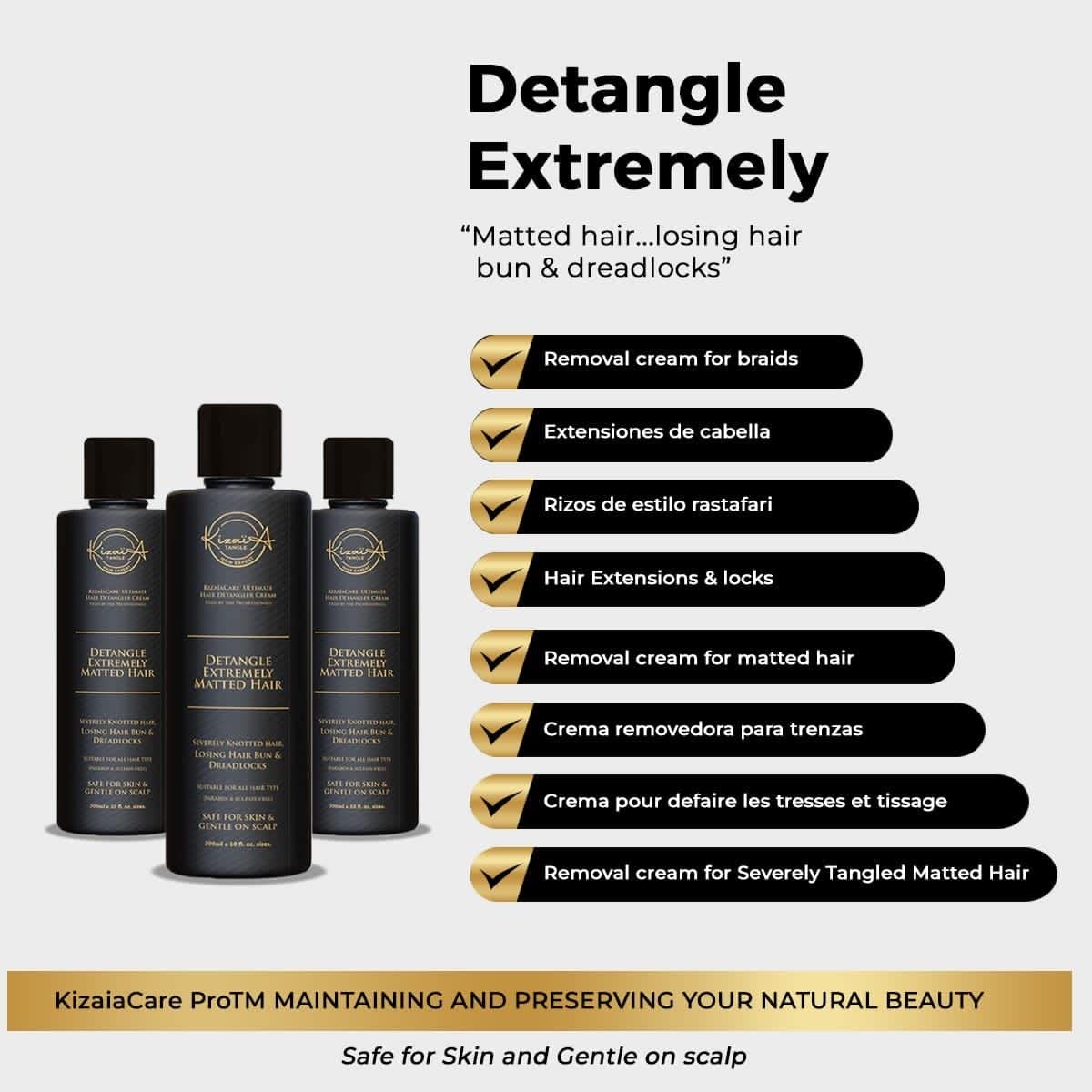 KizaiaCare Hair Remover Detangler - Painless Knot & Matted Hair Solution for Dreadlocks, Extensions & All Hair Types | Repair Damaged Hair | 3-Pack | Perfect for Home, Salon & Travel Use