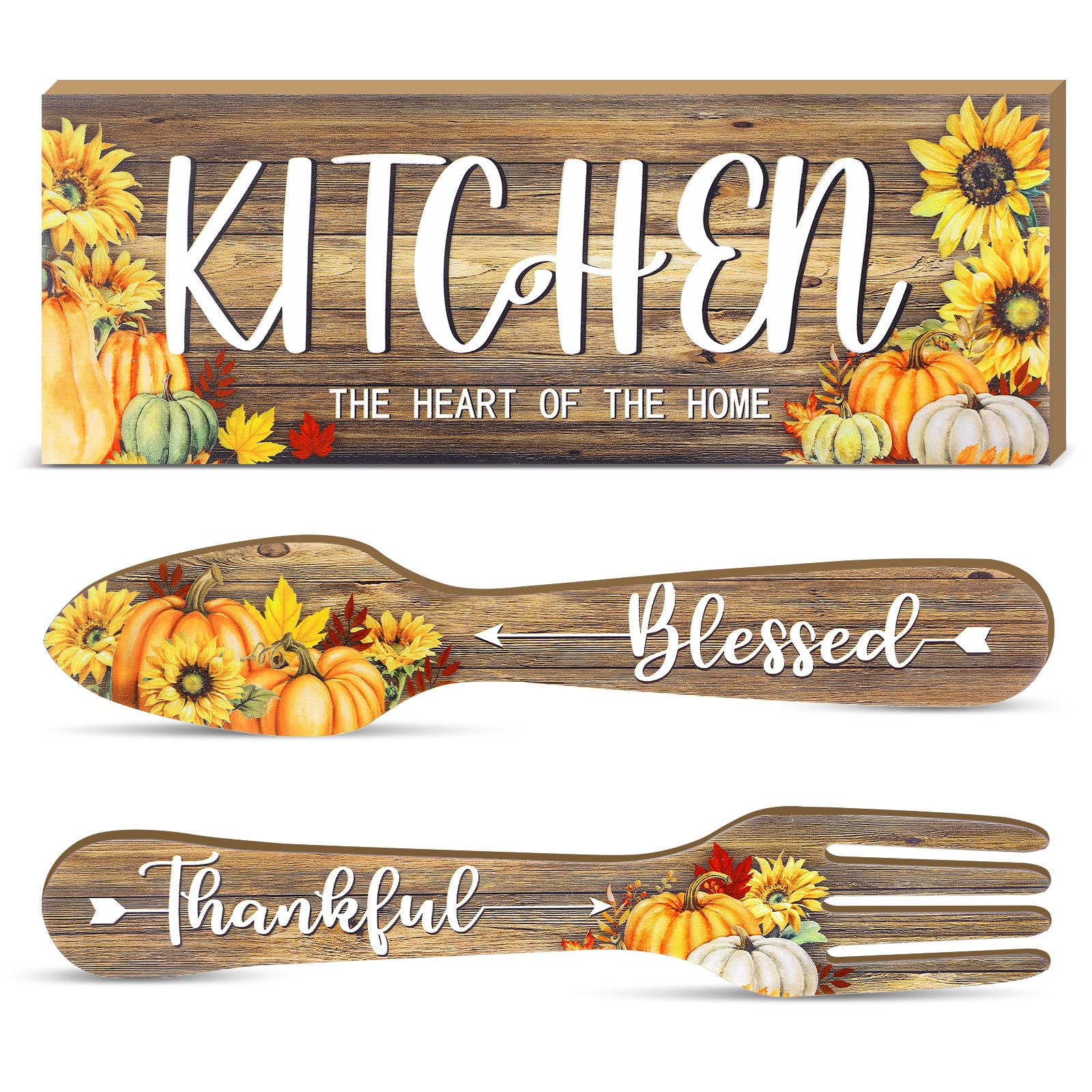 3-Piece Rustic Farmhouse Kitchen Wall Decor Set - Wooden Thankful Grateful Blessed Signs with Maple Pumpkin & Sunflower Design - Fork and Spoon Hanging Art for Home - Light Brown Farmhouse Decor (Perfect for Thanksgiving, Fall Season & Farmhouse Style Kitchens)