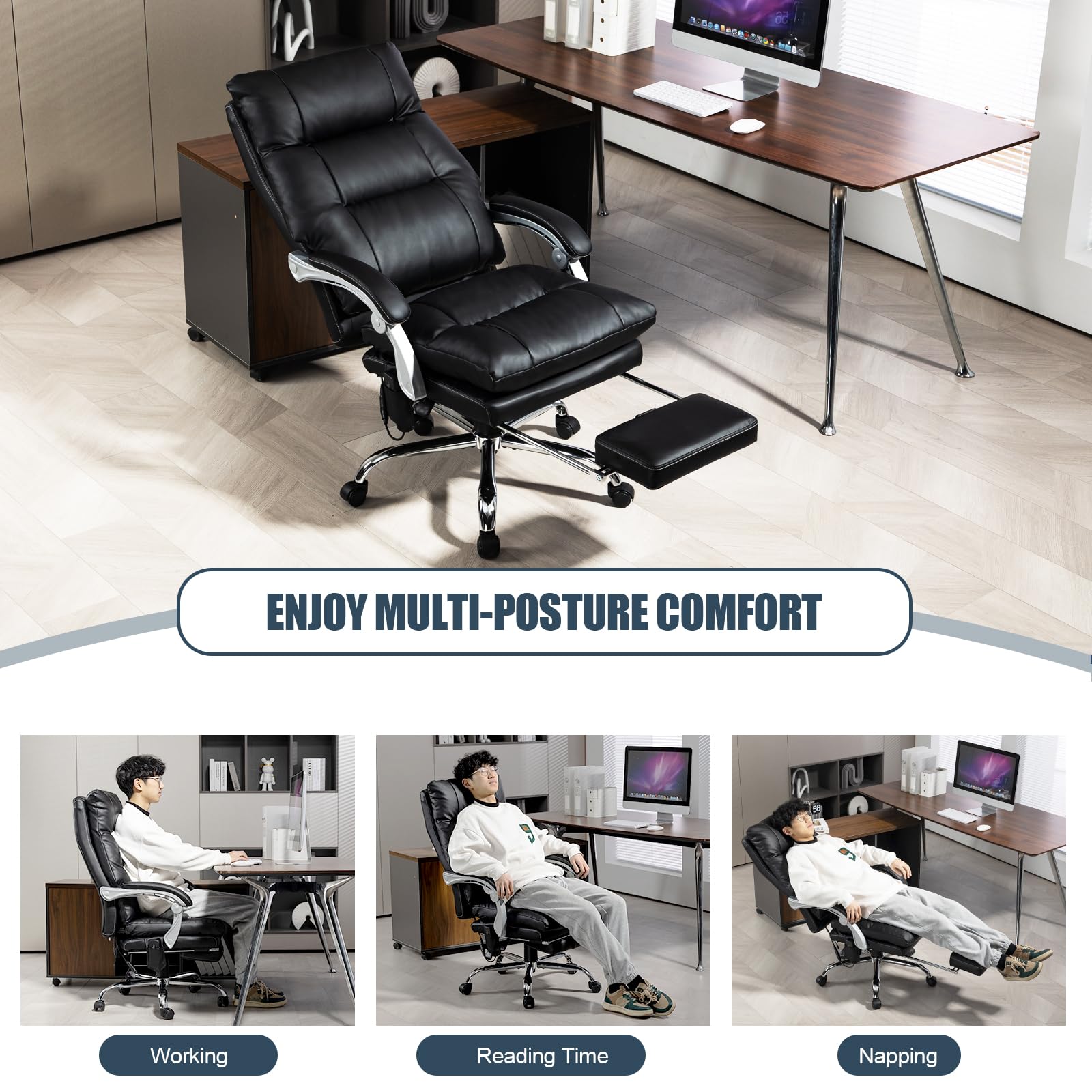 400lbs Big and Tall High Back Executive Leather Office Chair - Ergonomic Reclining Computer Desk Chair with Footrest | Heavy Duty Comfort for Home & Office Workspace (Black)