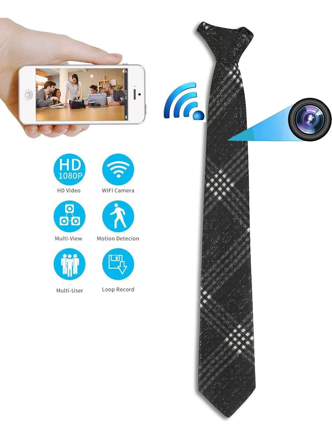 Smars® Secret Office Spy Tie - Wearable WiFi HD Hidden Camera for Covert Surveillance, Business Meetings & Security Monitoring