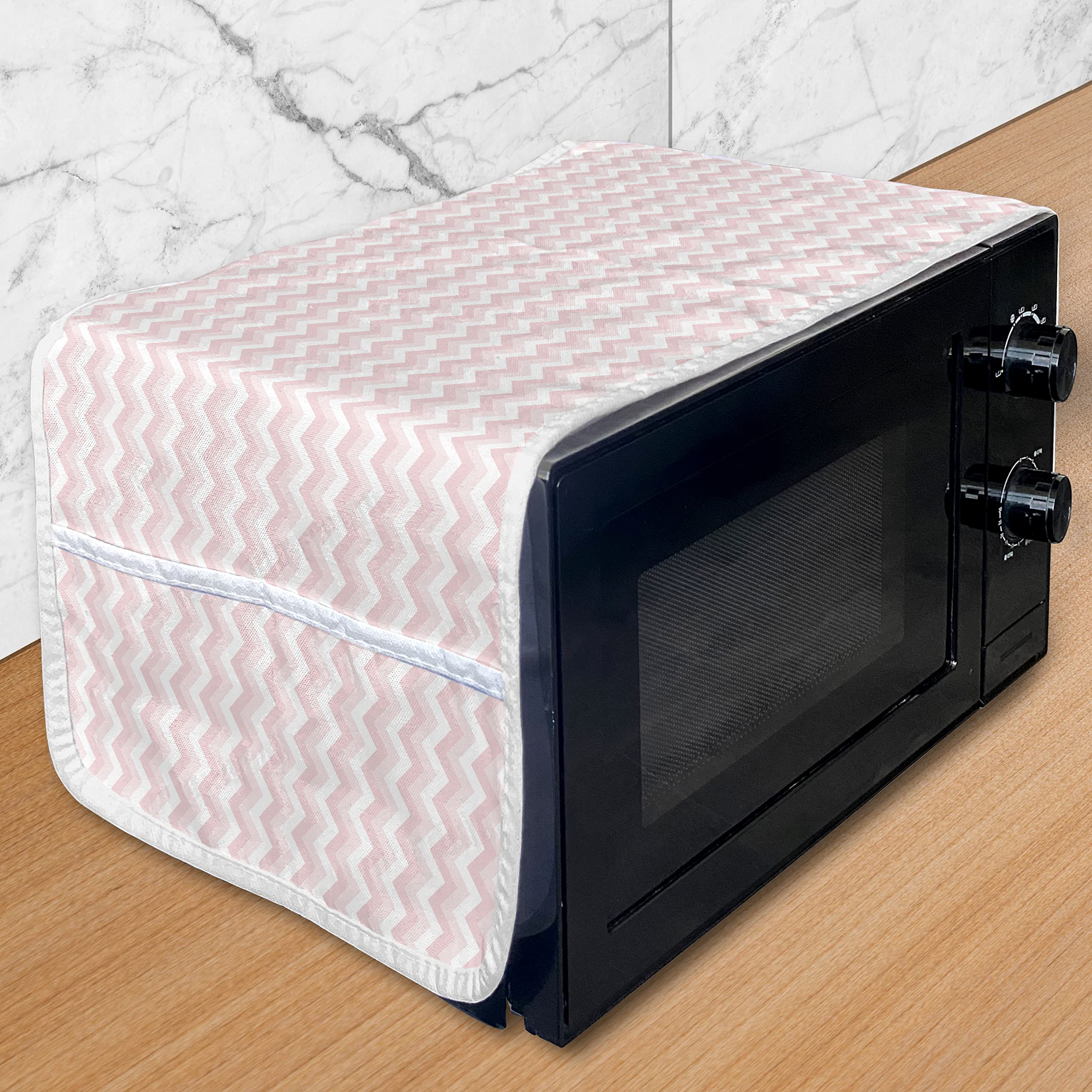 Ambesonne Chevron Microwave Cover - Water Resistant Kitchen Organizer with Pockets, Soft Pink & White Zigzag Pattern (36