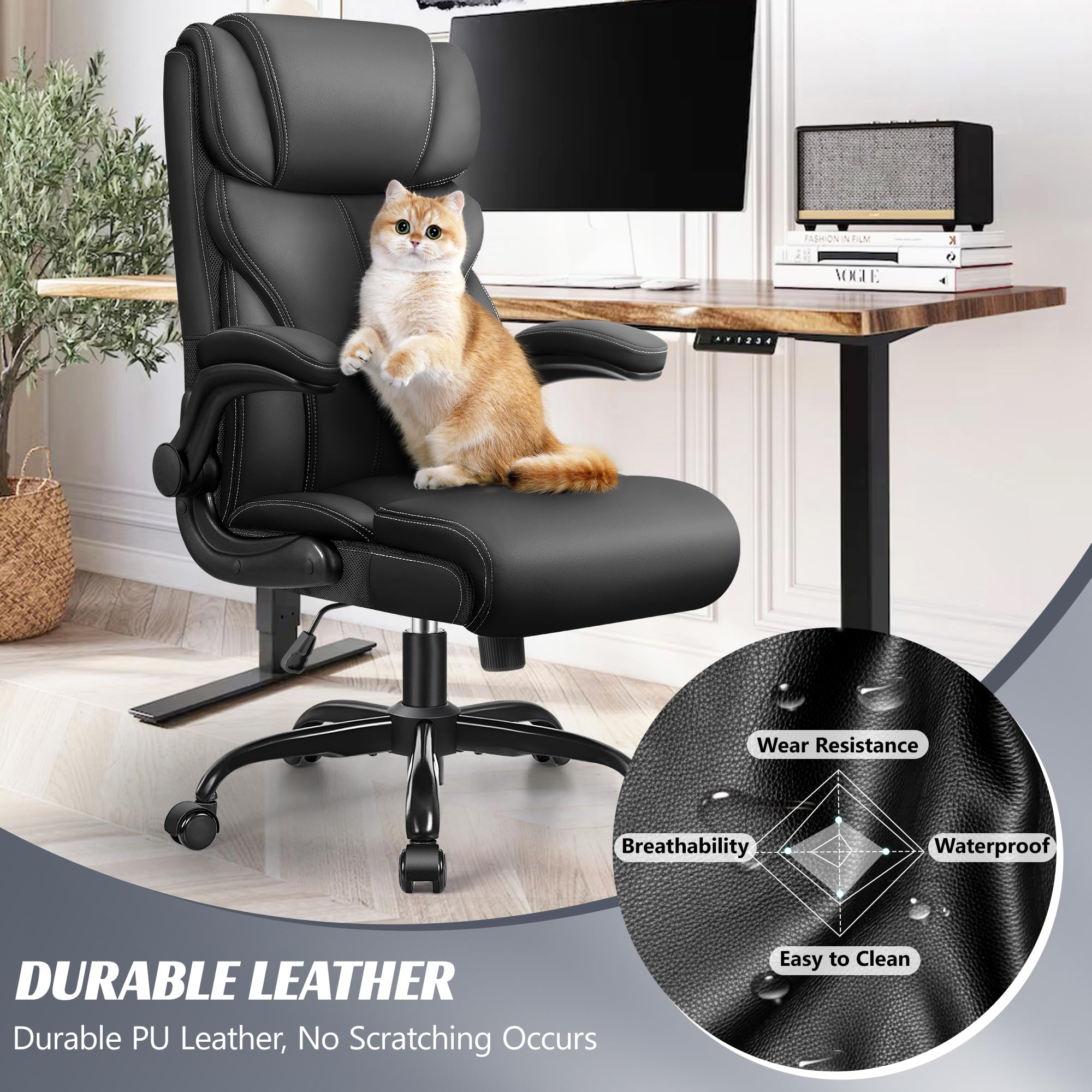 Ergonomic Big and Tall Office Chair - Adjustable High Back Executive Computer Desk Chair with Breathable Leather, Flip-Up Armrests & Lumbar Support - Swivel & Rocking PC Gaming Chair for Home Office, Workstation & Conference Room