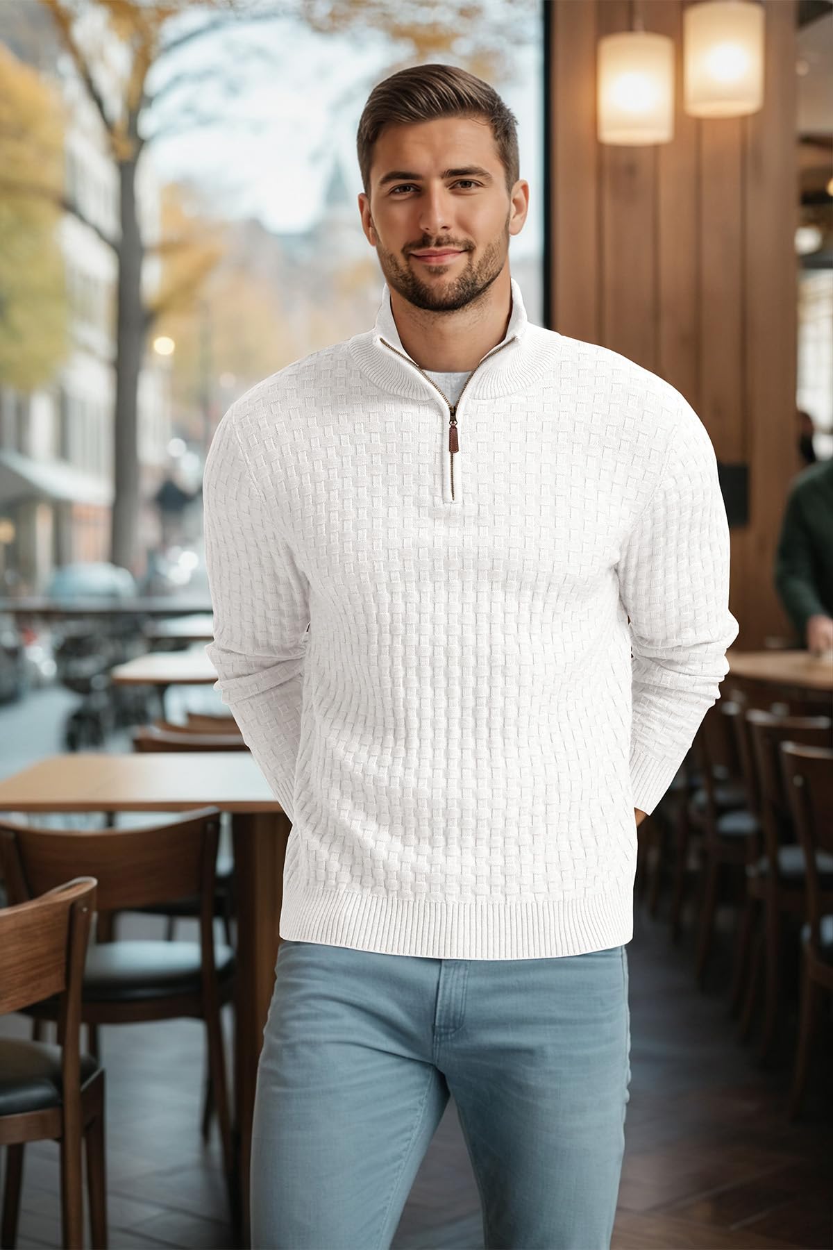 Askdeer Men's Quarter Zip Waffle Knit Sweater - Mock Neck Polo Pullover with Ribbed Edge - Casual Winter Wear for Office, Outdoor & Travel