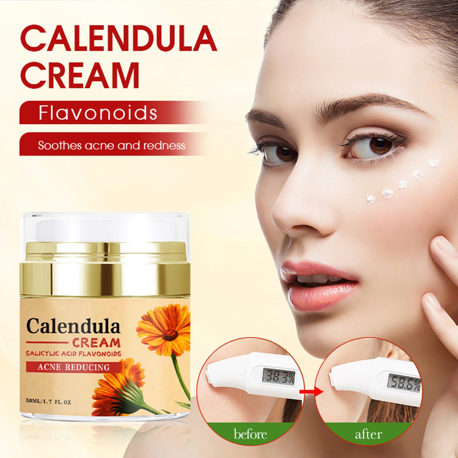 Calendula Face Cream with Salicylic Acid & Hyaluronic Acid - Skin Barrier Repair, Oil-Water Balance, Anti-Acne, Hydrating & Nourishing Facial Moisturizer (1.7 Fl Oz) - Perfect for Daily Skincare Routine & Acne-Prone Skin Care