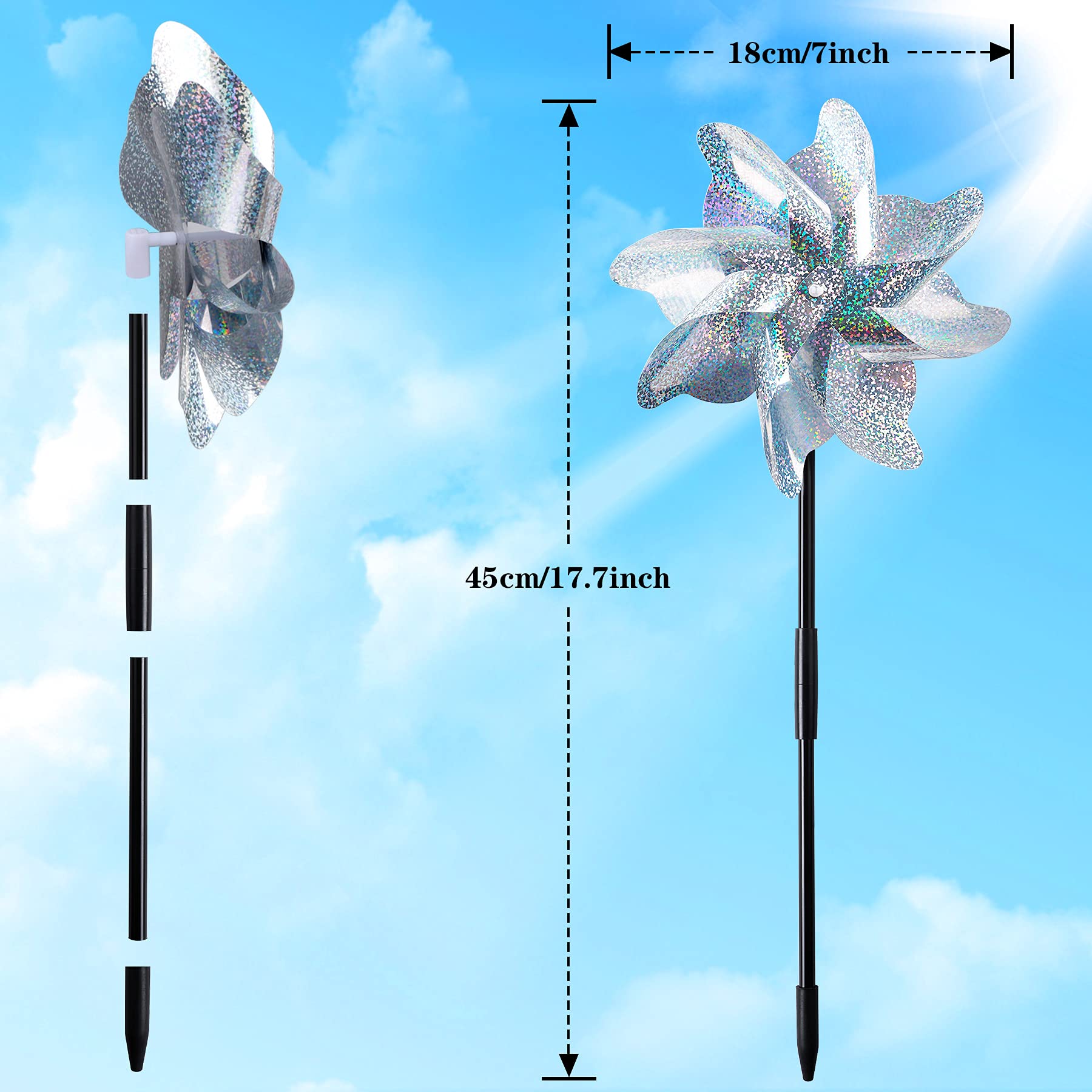 NOVWANG 6-Pack Reflective Pinwheels with Stakes - Sparkly Garden Decor, Bird Deterrent for Yard, Patio & Farm - Scare Away Birds & Animals | Outdoor Wind Spinner for Lawn, Flower Beds & Vegetable Gardens