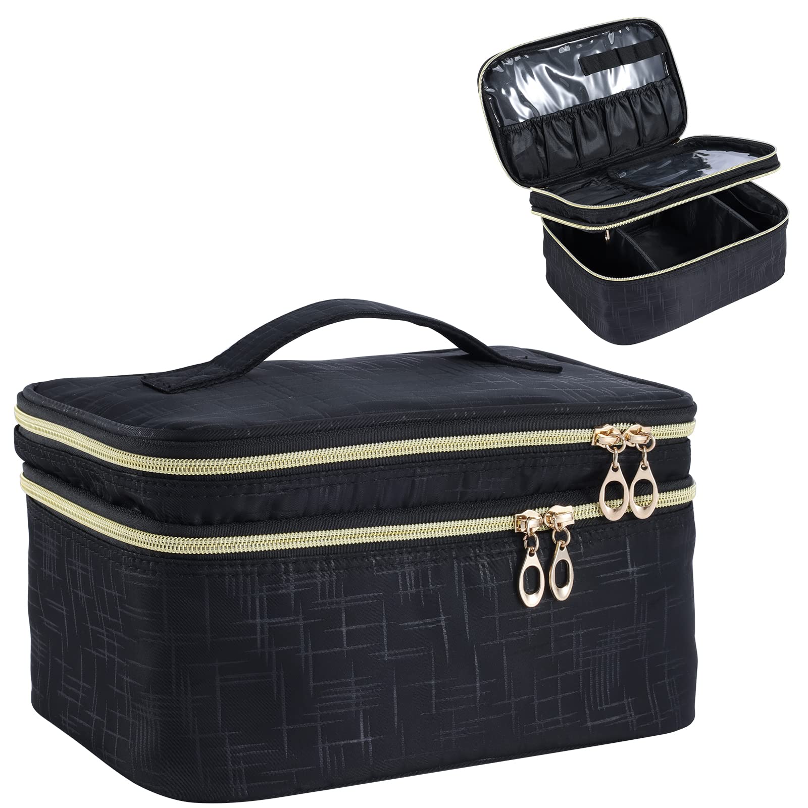 Stagiant Double Layer Makeup Bag - Large Waterproof Cosmetic Organizer with Dividers, Travel Makeup Case for Women | Perfect for Travel, Home Storage & Professional Makeup Artists (Black)