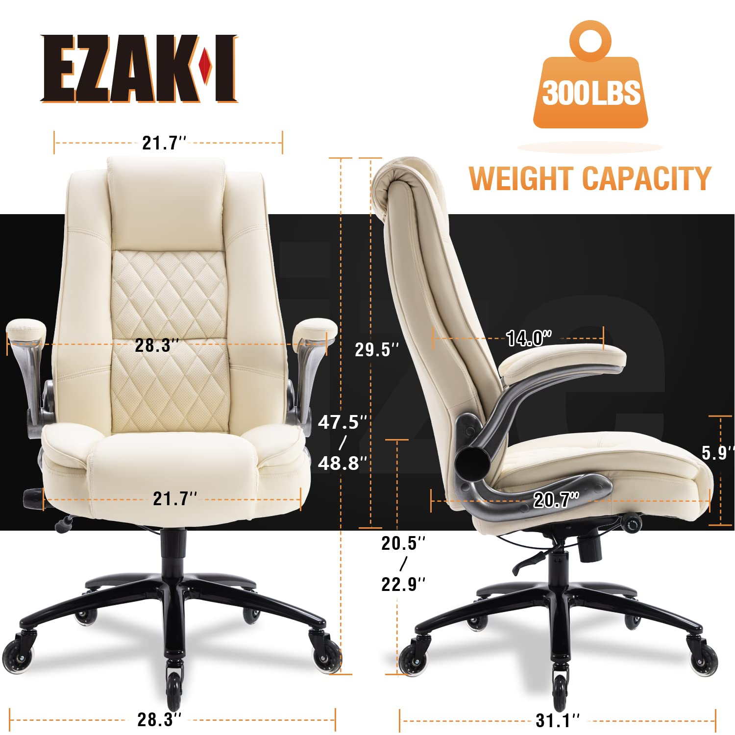 Ergonomic High Back Office Chair with Flip-Up Arms - Adjustable Executive Desk Chair with Built-in Lumbar Support & Thick Padding for Back Pain Relief - Perfect for Home Office, Gaming & Computer Work (Beige)