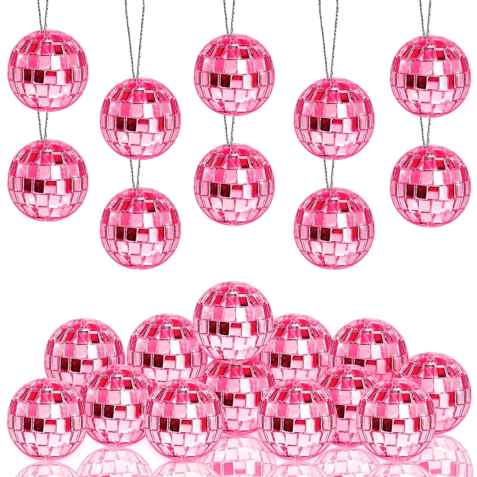 24-Pack Pink Disco Ball Decorations - Mini Hanging Mirror Balls with Rope for Christmas Tree, Wedding, Dance Party & Music Festival Decor | Cake Topper & Home Disco Lighting