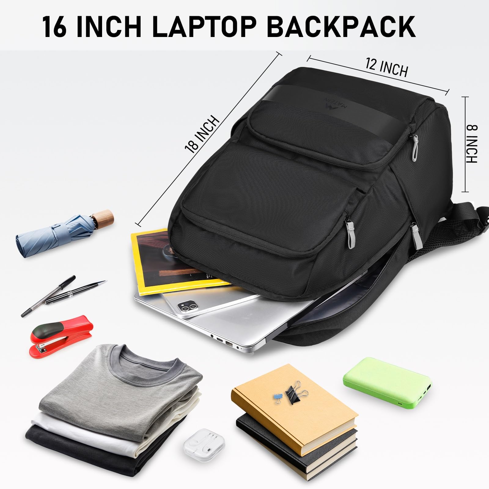 **Matein Lightweight Travel Laptop Backpack for Men & Women – 16 Inch Water-Resistant Slim College Backpack – Large Office Commuter Daypack for Work, School & Travel – Black**    *Perfect for business trips, daily commutes, and campus life – stylish and functional for professionals and students.*