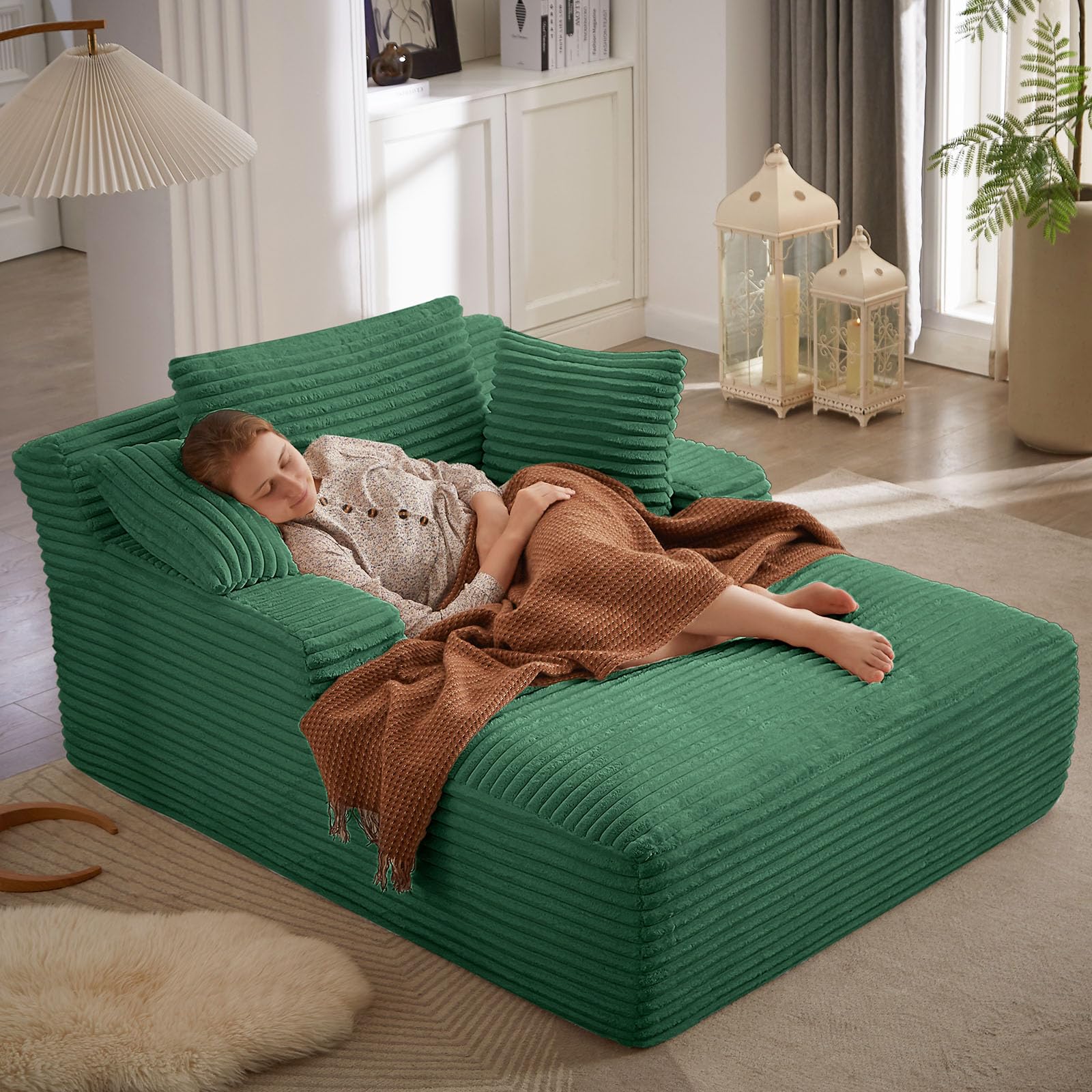 Oversized Corduroy Chaise Lounge Sofa Bed with Throw Pillows & Armrests - Recliner Cloud Couch for Living Room, Bedroom, Home Office - Comfortable Sleeper Sofa for Relaxing, Napping & Entertaining Guests