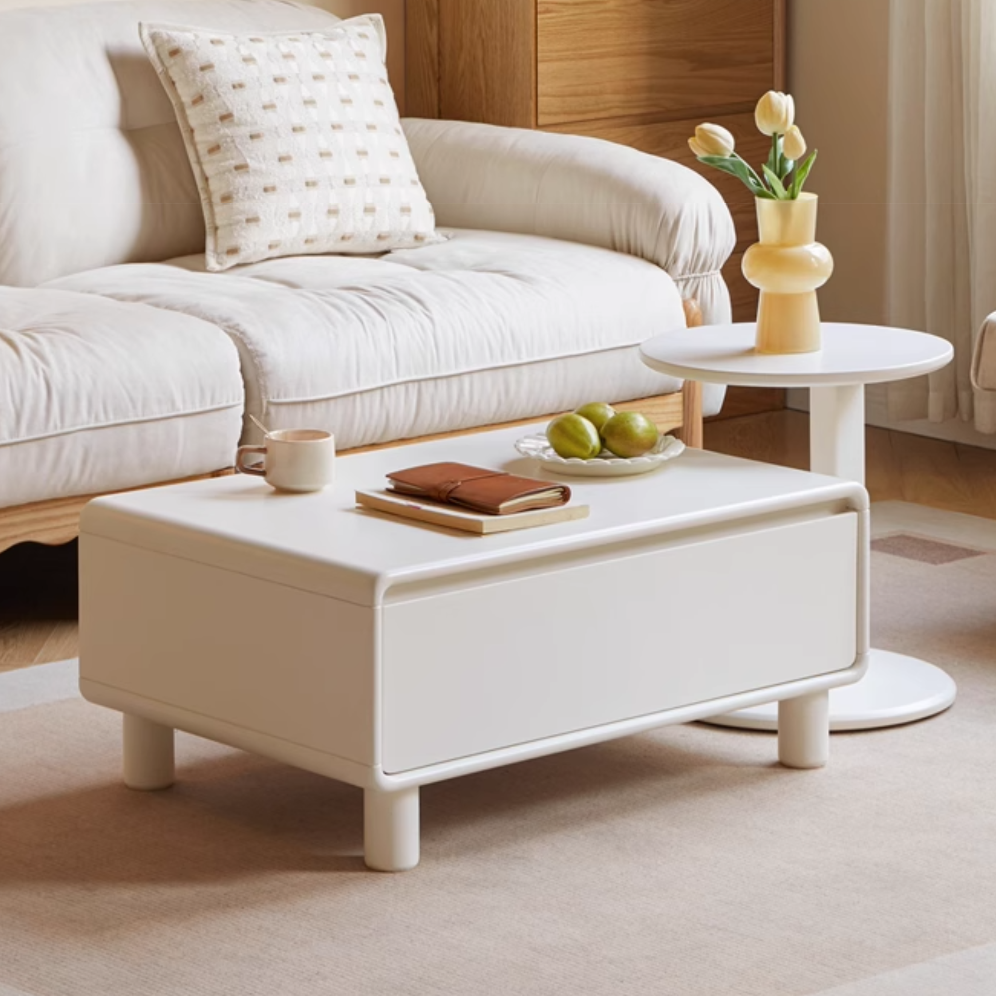 Modern Oak Solid Wood Coffee Table - Cream Finish, Minimalist Design for Living Room, Lounge, or Office - Durable & Stylish Home Decor