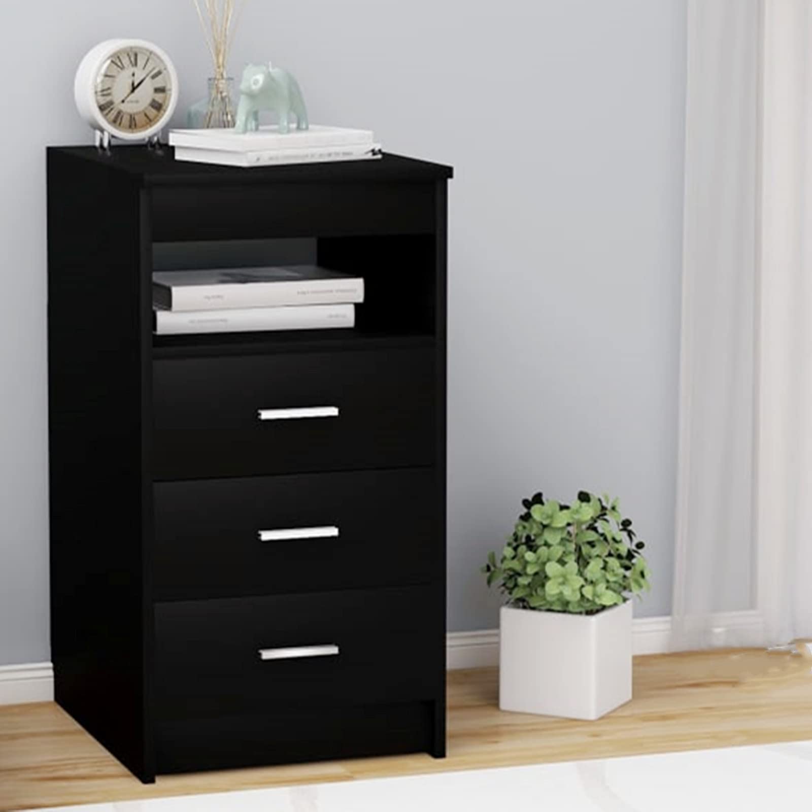 3-Drawer Chest with Open Shelf - Modern Bedside Table, End Table & File Cabinet for Living Room, Bedroom & Home Office - Space-Saving Storage Solution for Small Spaces (Black)