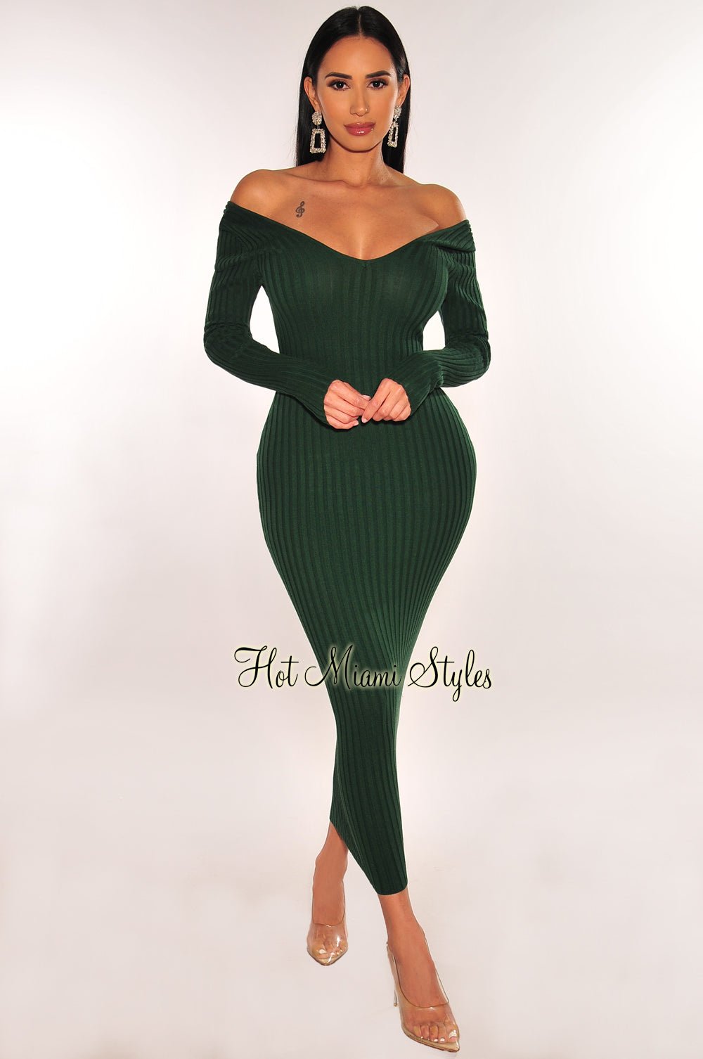 Hunter Green Ribbed Knit Long Sleeve Dress for Women - Elegant Bodycon Midi Dress with Side Slits | Perfect for Office, Date Night & Fall/Winter Fashion