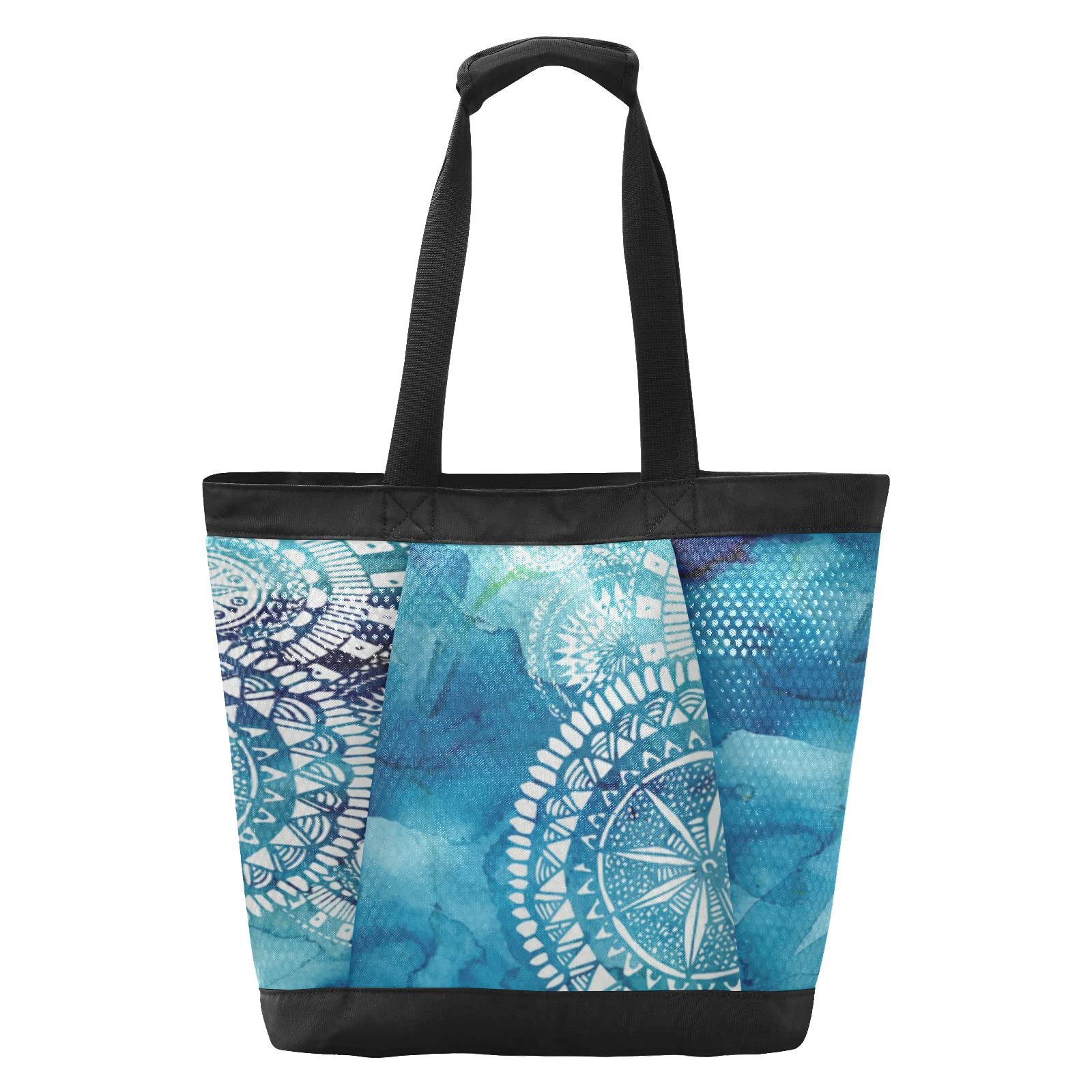 J JOYSAY Blue Watercolor Mandala Mesh Beach Tote Bag - Large Water Resistant Women's Beach Bag for Pool, Picnic & Travel | Perfect for Carrying Swimsuits, Towels & Summer Essentials