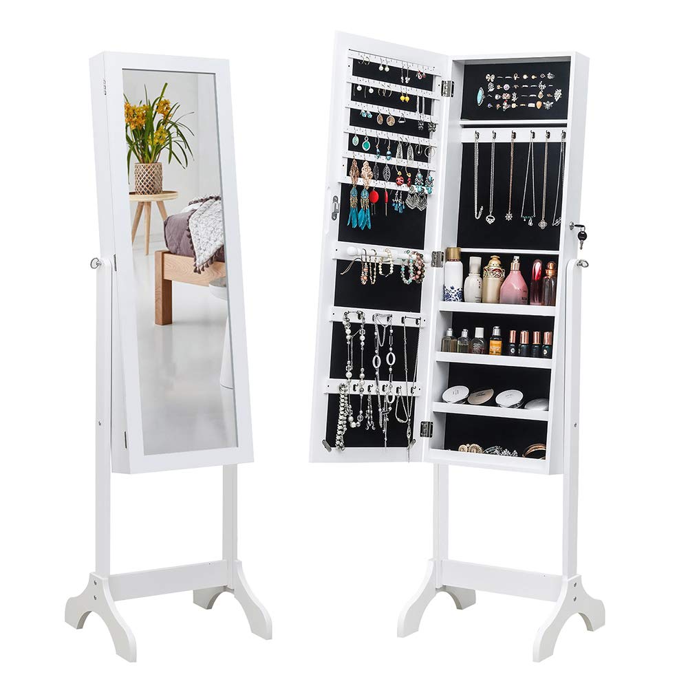ZKTYQUIHE Full-Length Mirror with Adjustable 4-Tier Wooden Shelf - Jewelry Storage Cabinet & Standing Mirror for Bedroom, Dressing Room, Entryway - White (Non-Full Mirror Design)