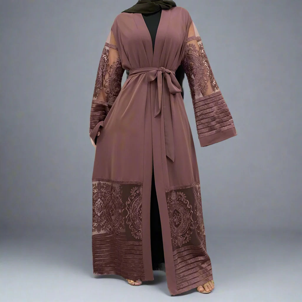 Elegant Muslim Women's Mesh Embroidery Cardigan Open Abaya Dress - Modest Islamic Fashion for Prayer, Mosque & Special Occasions
