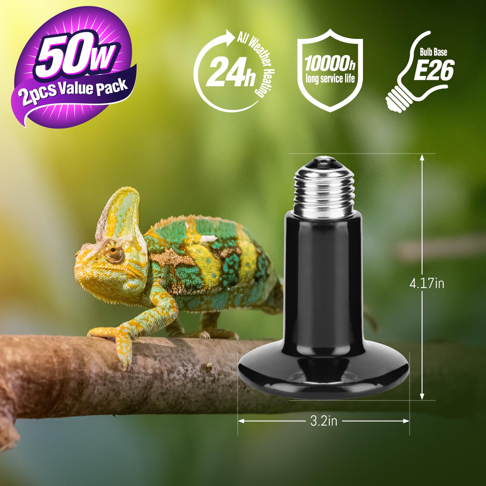 2PCS 50W Ceramic Heat Emitter Bulbs - Infrared Heat Lamp for Reptile Tanks, Hedgehogs, Chicken Coops, Dog Houses & Cat Use - Durable No-Light Heating Solution for Pets - Perfect for Terrariums, Brooders & Winter Pet Care