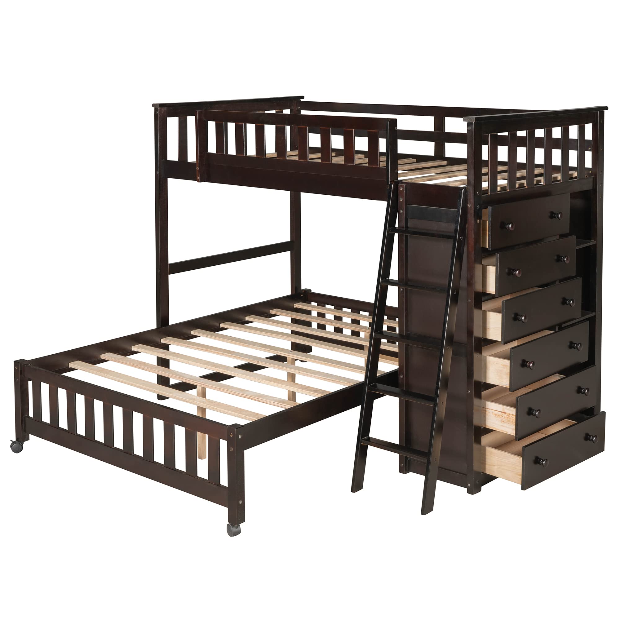 Wooden Bunk Bed for Kids Teens & Adults - Twin Over Full Size with 6 Drawers, Adjustable Shelves & Rolling Wheels - No Box Spring Required - Espresso Finish - Perfect for Small Bedrooms, Guest Rooms & Vacation Homes