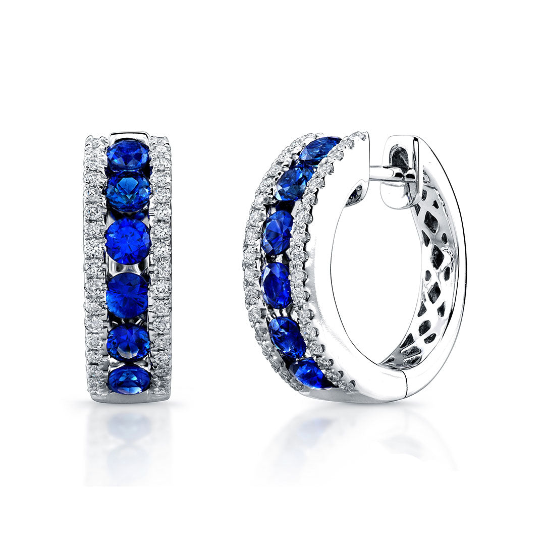 14K Gold Sapphire & Diamond Huggie Earrings for Women – Elegant Everyday Hoop Earrings for Work, Party & Special Occasions