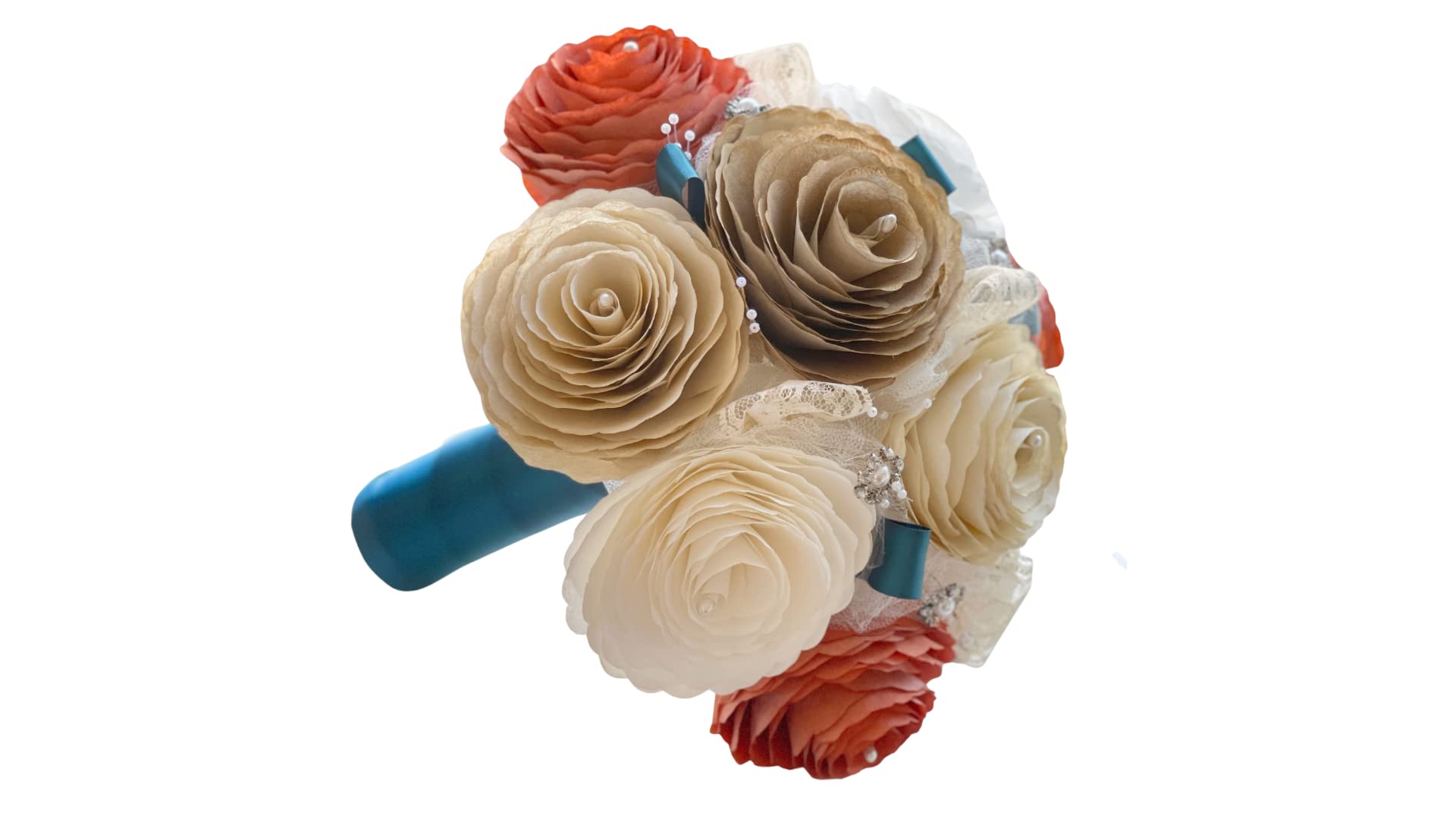 Customizable Burnt Orange, Champagne, Gold & Ivory Paper Flower Bouquet with Teal Accents - Perfect for Bridesmaids & Boutonnieres - Wedding, Bridal Shower & Home Decor