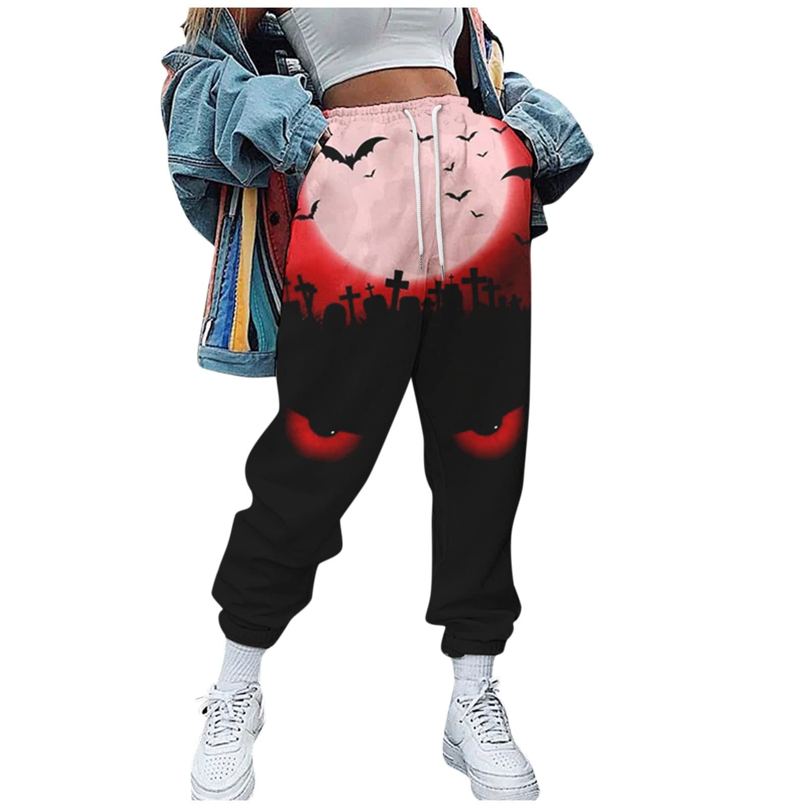 Rlmidhb Women's Halloween Sweatpants - High Waist Casual Joggers with Graphic Print & Color Block Design | Loose Lounge Pants for Women | Perfect for Halloween Costumes, Fall Fashion & Cozy Loungewear