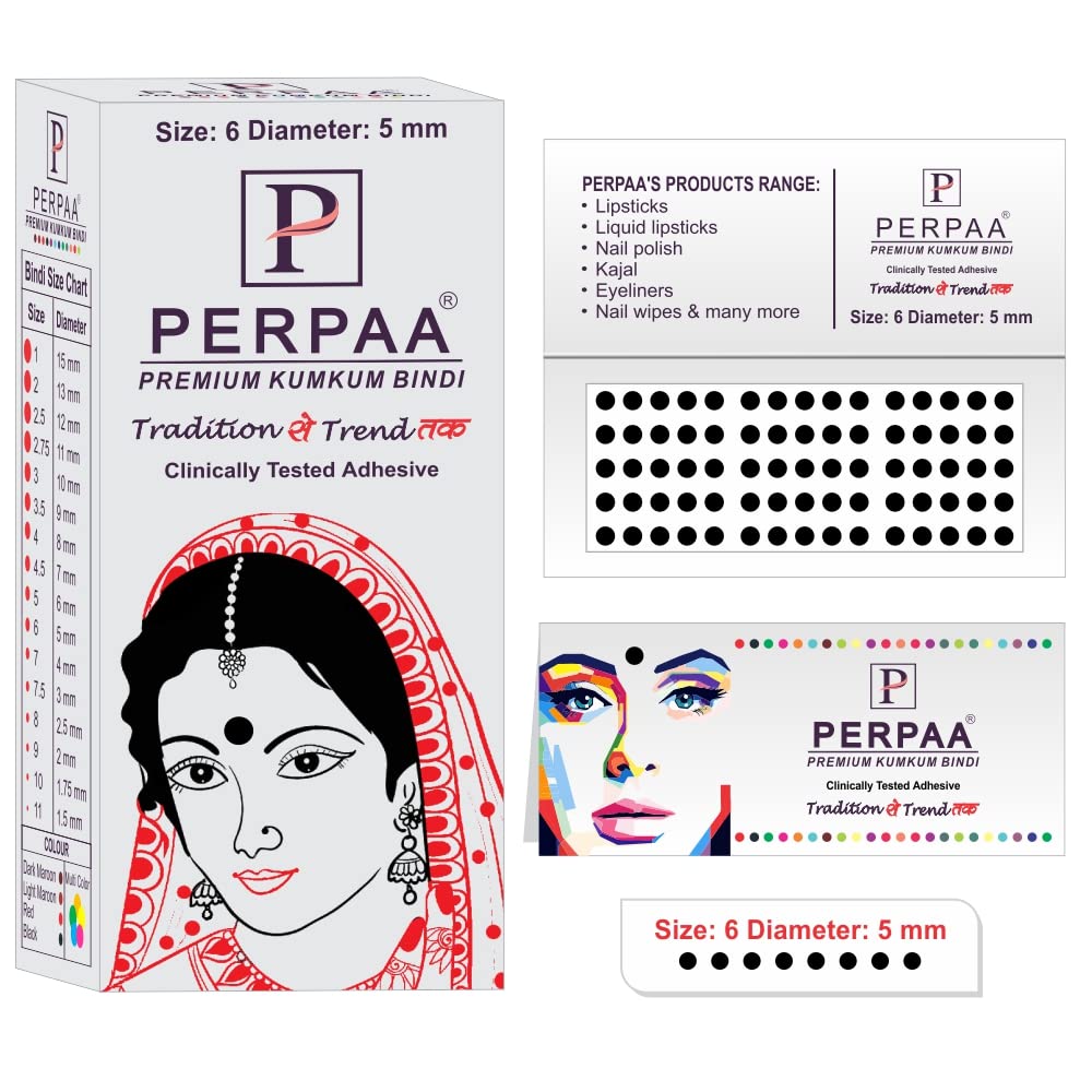 PERPAA Premium Black Round Bindi for Women - Velvet Sticker Pack of 6 Boxes (15 Flaps Each) - Elegant Indian Forehead Jewelry for Weddings, Parties & Festivals - Black Combo No.33