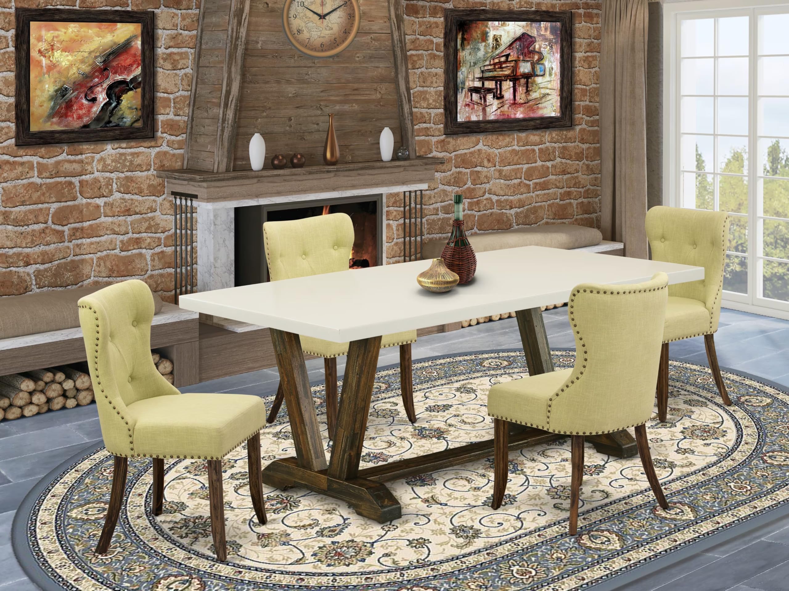 East West Furniture 5-Piece Dining Table Set for 4 - 40x72 Inch Rectangle Kitchen Table with V-Legs & 4 Limelight Linen Fabric Parson Chairs, Multi-Color - Perfect for Small Space Dining Rooms, Breakfast Nooks, and Cozy Kitchen Gatherings