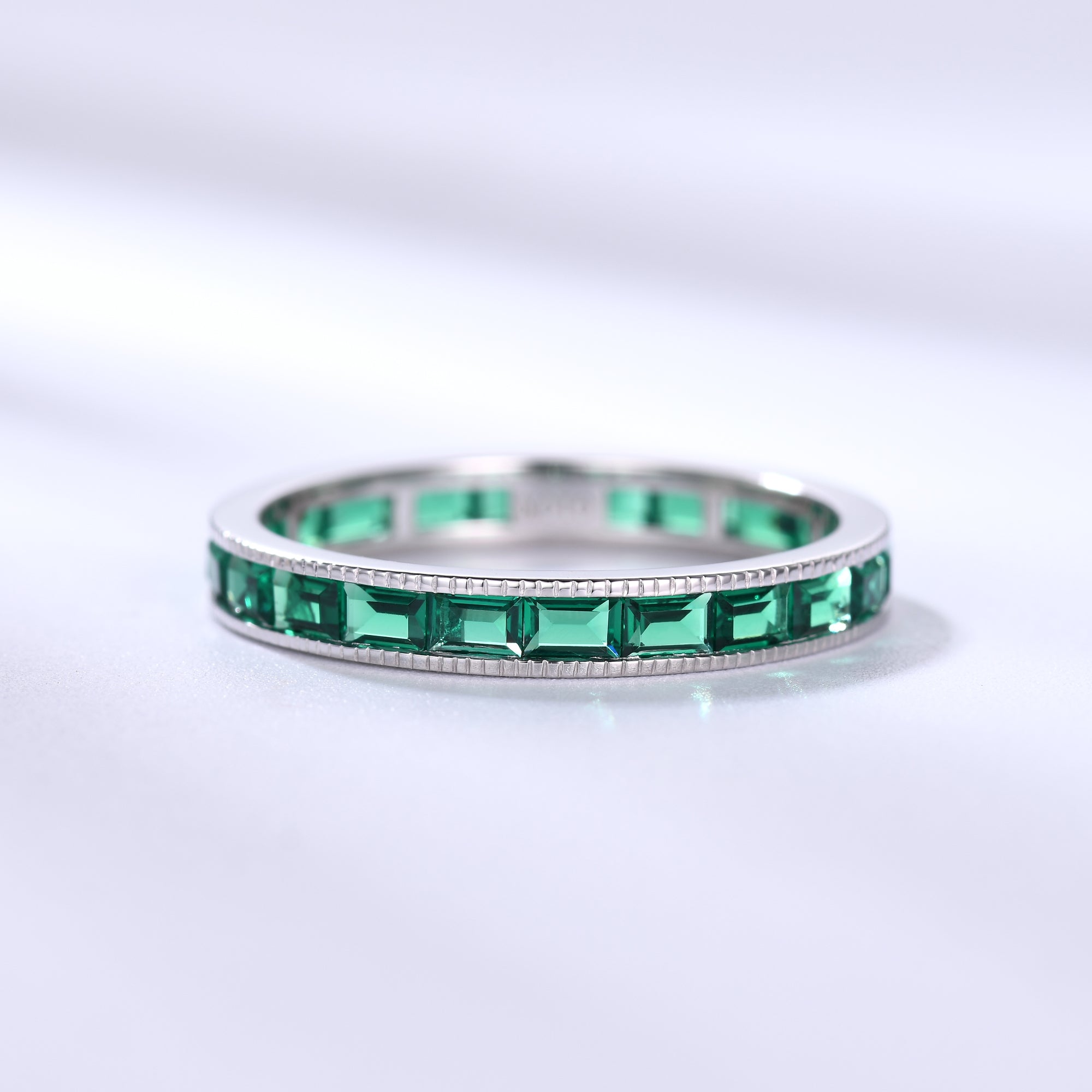 Milgrain Baguette Emerald Wedding Band - Full Eternity Ring for Women | Elegant Bridal Jewelry, Anniversary Gift & Engagement Ring Alternative | Perfect for Weddings, Proposals & Special Occasions
