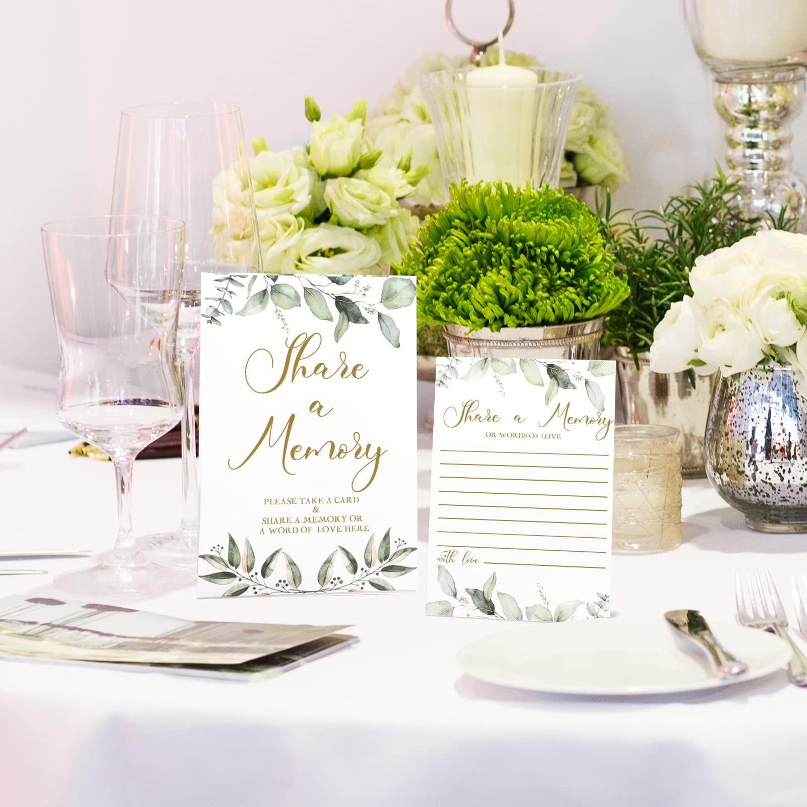 50 Pcs Elegant Greenery Eucalyptus Memory Cards & Seating Place Cards with Gold Font - Perfect for Funerals, Graduations, Weddings, Bridal Showers, Birthdays & Anniversaries - Create Lasting Memories for Special Occasions
