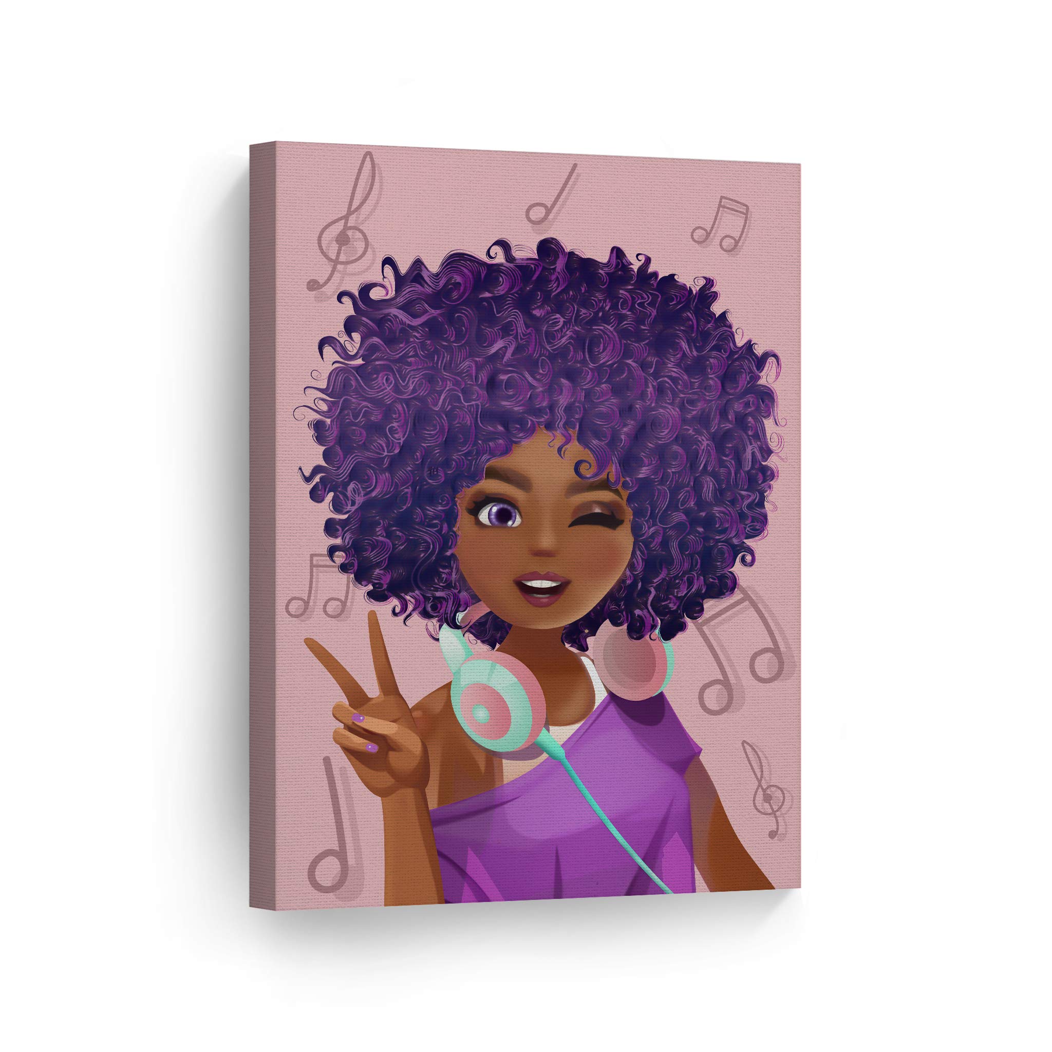 African American Wall Art Canvas Print - Black Girl Wall Decor, Purple Pink African American Pretty Girl Painting, 36x24 Inches - Perfect for Kids Room, Living Room & Bedroom Decor