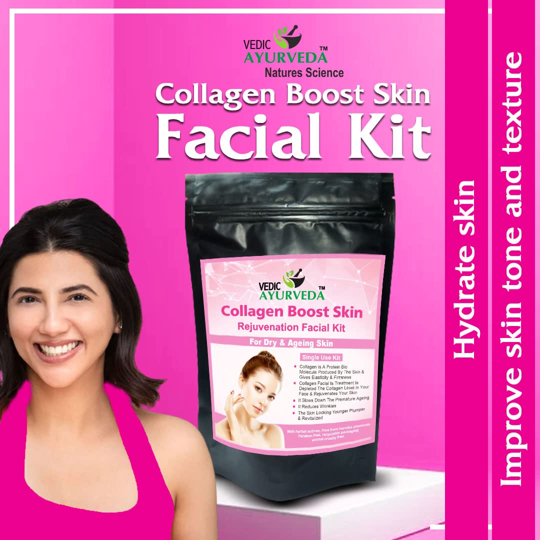 VEDICAYURVEDA Organic Collagen + Vitamin A Facial Kit - Lightens, Rejuvenates & Hydrates Skin | Single-Use Treatment for Dry & Aging Skin (50g) | Perfect for At-Home Spa Days & Anti-Aging Skincare Routine