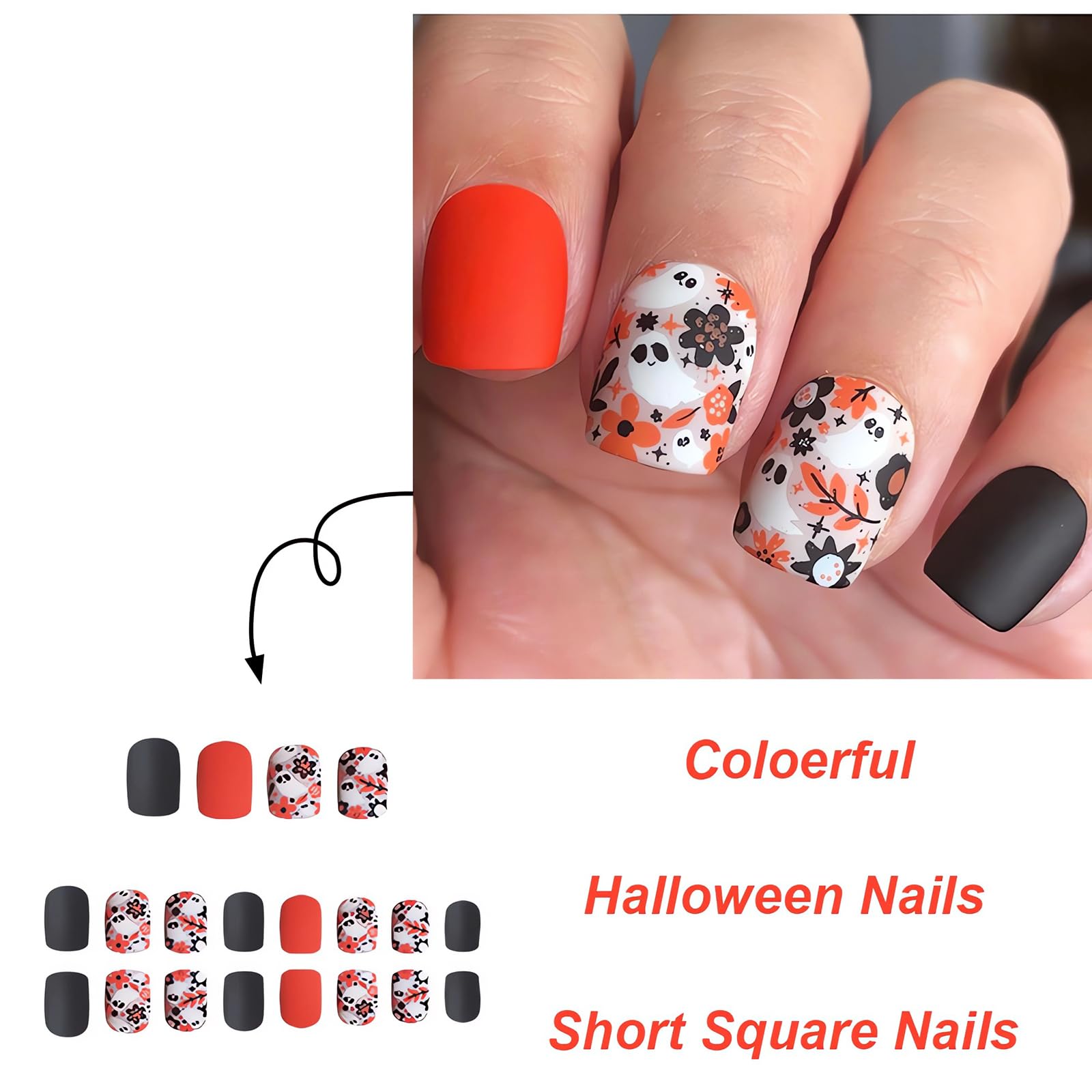 24Pcs Halloween Press on Nails - Short Square Fake Nails with Ghost, Flower & Leaf Designs - Glossy Orange & Black Halloween Glue on Nails for Women - Perfect for Halloween Parties, Costume Events & Fall Holiday Nail Art