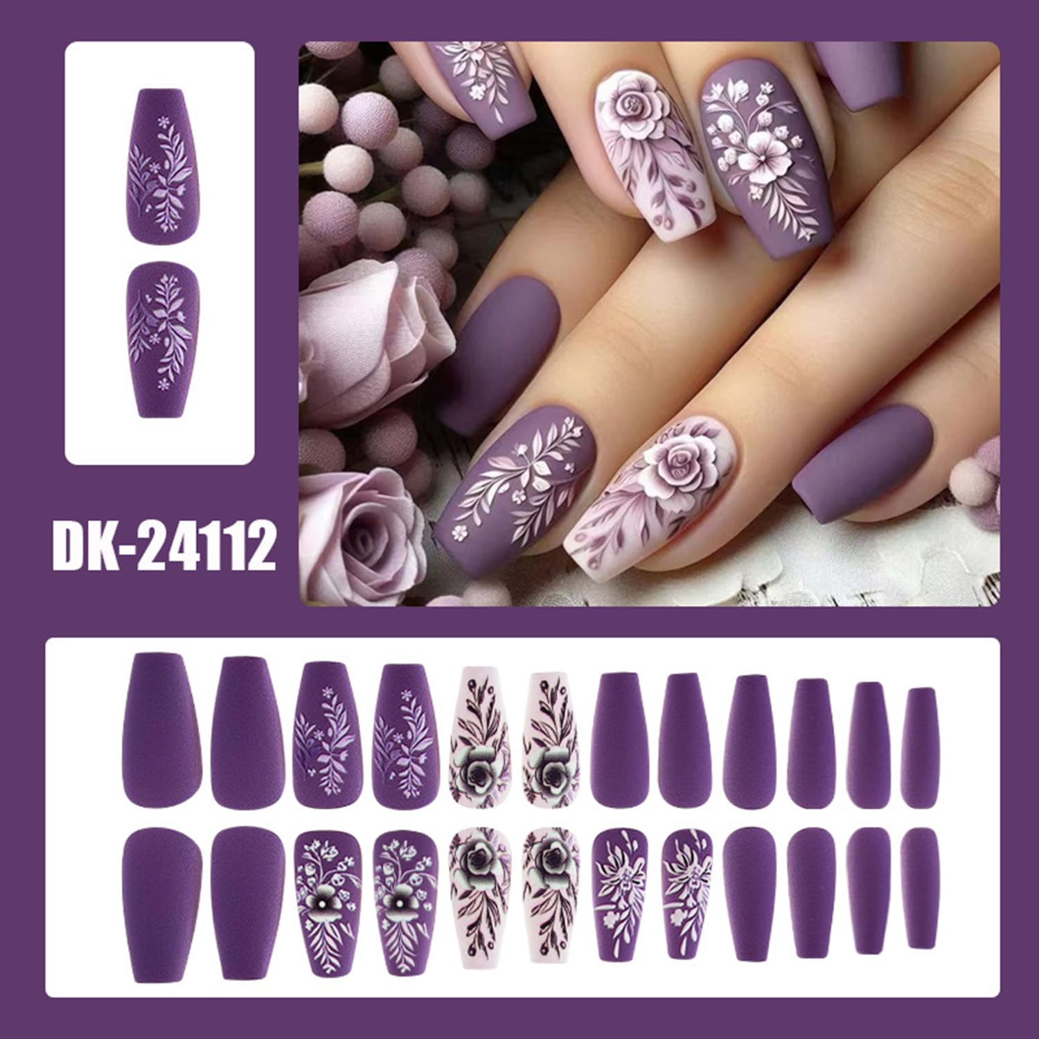 Elegant Purple Acrylic Press on Nails with Embossed Flower Designs - 24pcs Matte Coffin Fake Nails for Women | Fall & Winter Manicure Decorations | Perfect for Parties, Weddings & Special Occasions