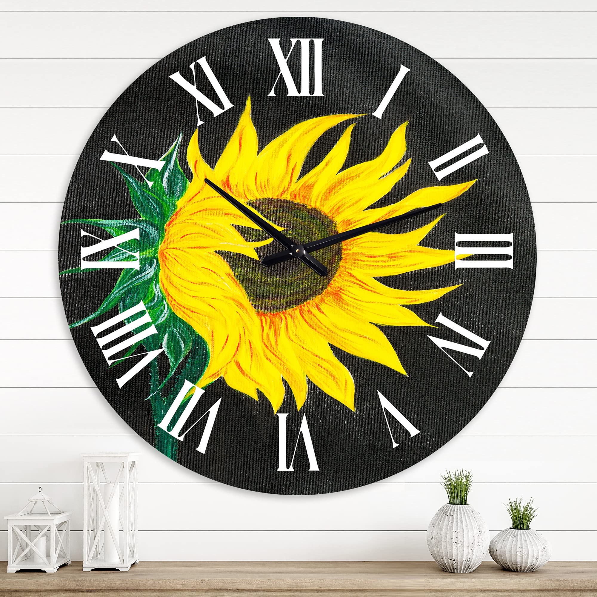 Sunflower On Black Traditional Wall Clock - Large Floral & Botanical Wall Decor for Living Room, Bedroom, Office | Perfect for Home, Farmhouse & Vintage Style Interior Design