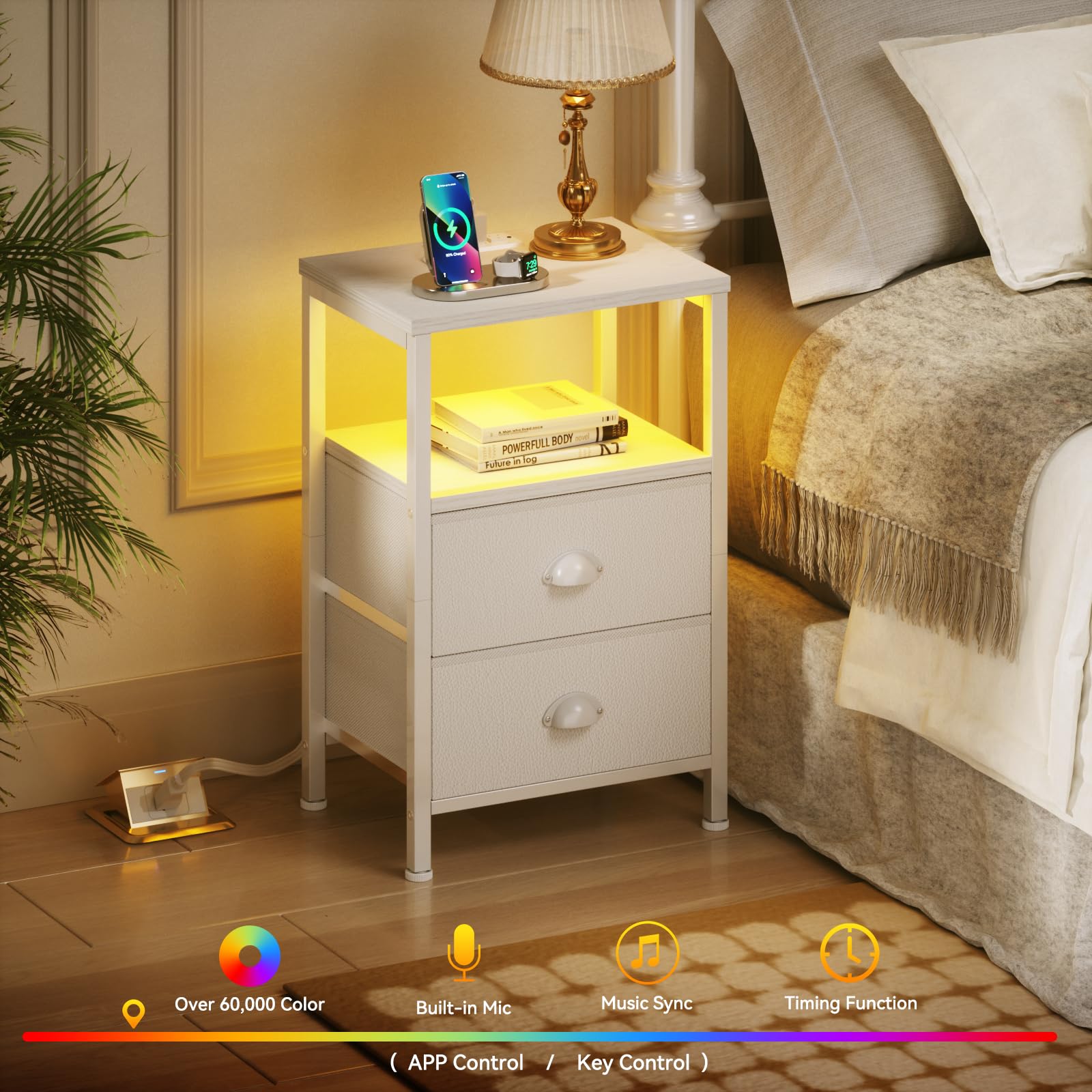 2-Piece White Nightstand Set with Charging Station & LED Lights - Modern Bedside Tables with 2 Fabric Drawers for Bedroom or Living Room - Perfect for Small Spaces, Apartment Decor & Gift Giving