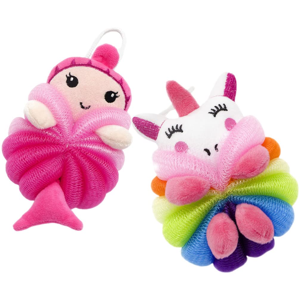 Kisangel 2-Pack Kids Bath Sponge Set - Cute Animal Shower Pouf & Exfoliating Mesh Ball for Gentle Baby Body Wash | Soft Bath Sponges for Toddler Bubble Bath & Sensitive Skin Care