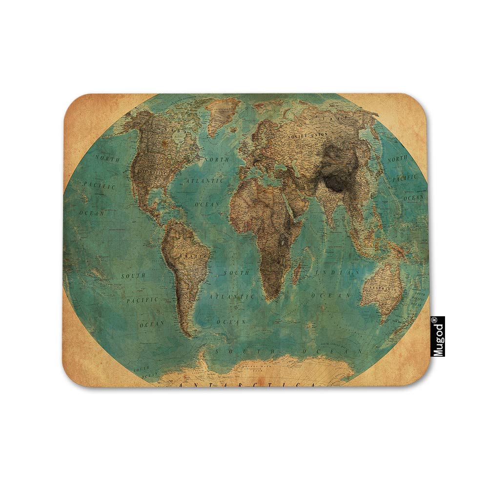 Vintage World Map Mouse Pad - Non-Slip Rubber Base, 9.5x7.9 Inch Old-Fashioned Ocean Map Design in Green, Yellow & Brown - Perfect for Gaming, Office & Home Computer/Laptop Use - Great Gift for Travel Lovers & Map Enthusiasts