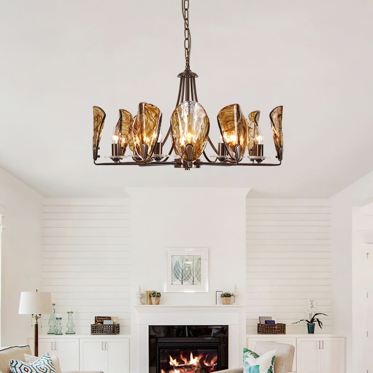 Amber Shell Chandelier - Elegant Coastal Lighting Fixture for Beach House, Dining Room, or Bedroom Decor | Handcrafted Seashell Pendant Light with Warm Glow