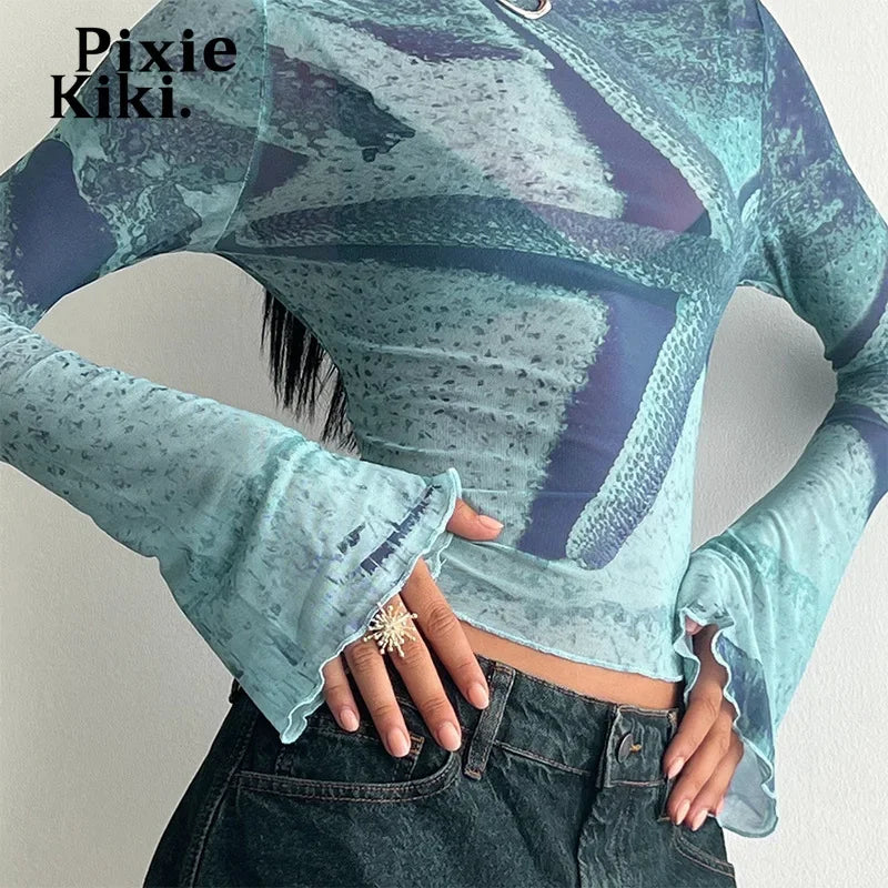 Abstract Blue Print Graphic T-Shirts for Women & Girls | Y2K Fashion Frill Mesh Sheer Flare Sleeve Crop Tops | Perfect for Concerts, Parties & Streetwear Outfits