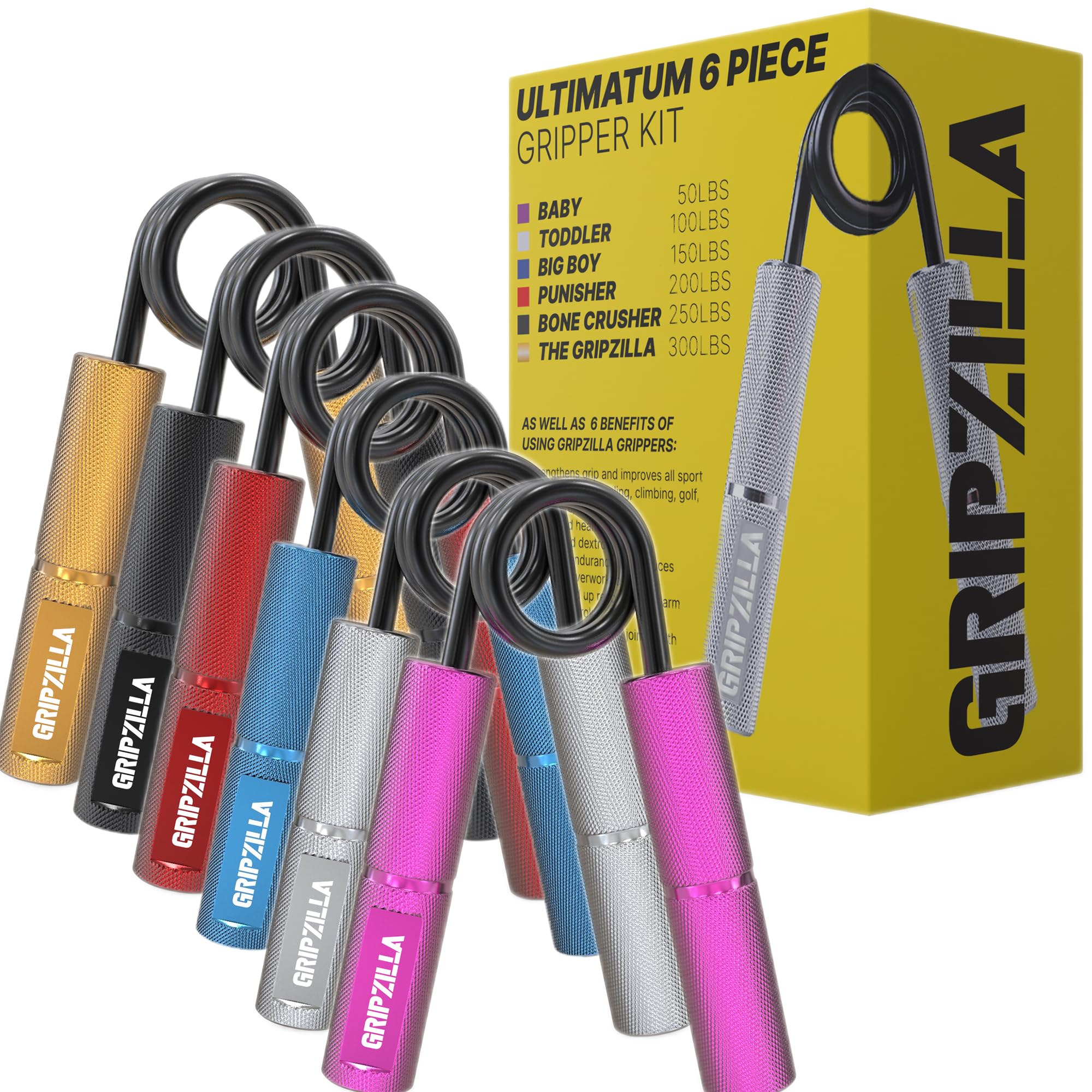 GRIPZILLA Grip Strength Trainer Set 50-300LB - Heavy Duty Hand Gripper Strengthener Kit with Non-Slip Metal Handle - Forearm & Wrist Exerciser for Athletes, Rock Climbers & Weightlifters - Perfect for Home Gym, Office & Travel Workouts