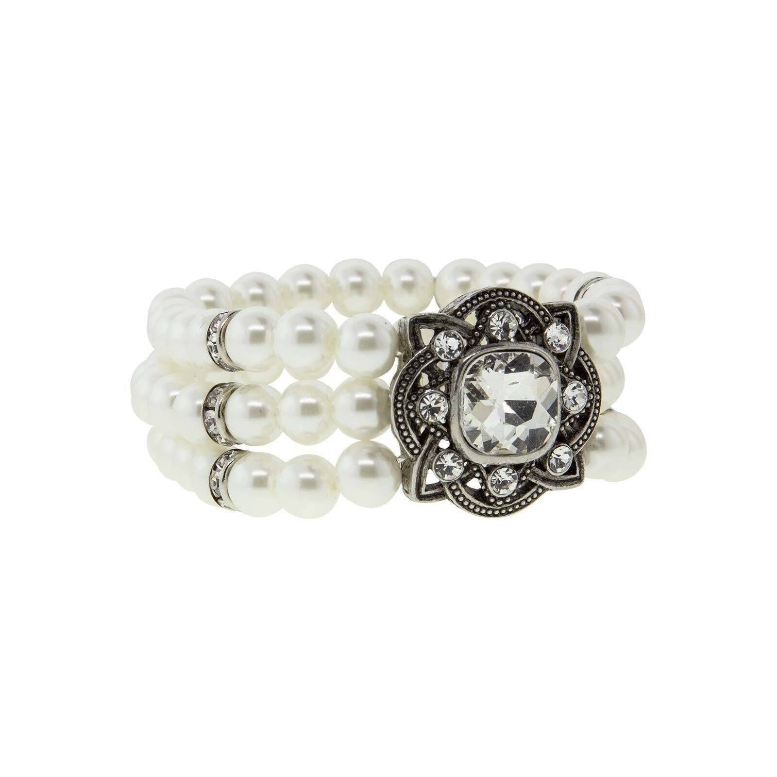 1928 Bridal Three Row White Faux Pearl and Crystal Stretch Bracelet for Women - Elegant Wedding Jewelry for Brides, Bridesmaids, and Formal Occasions